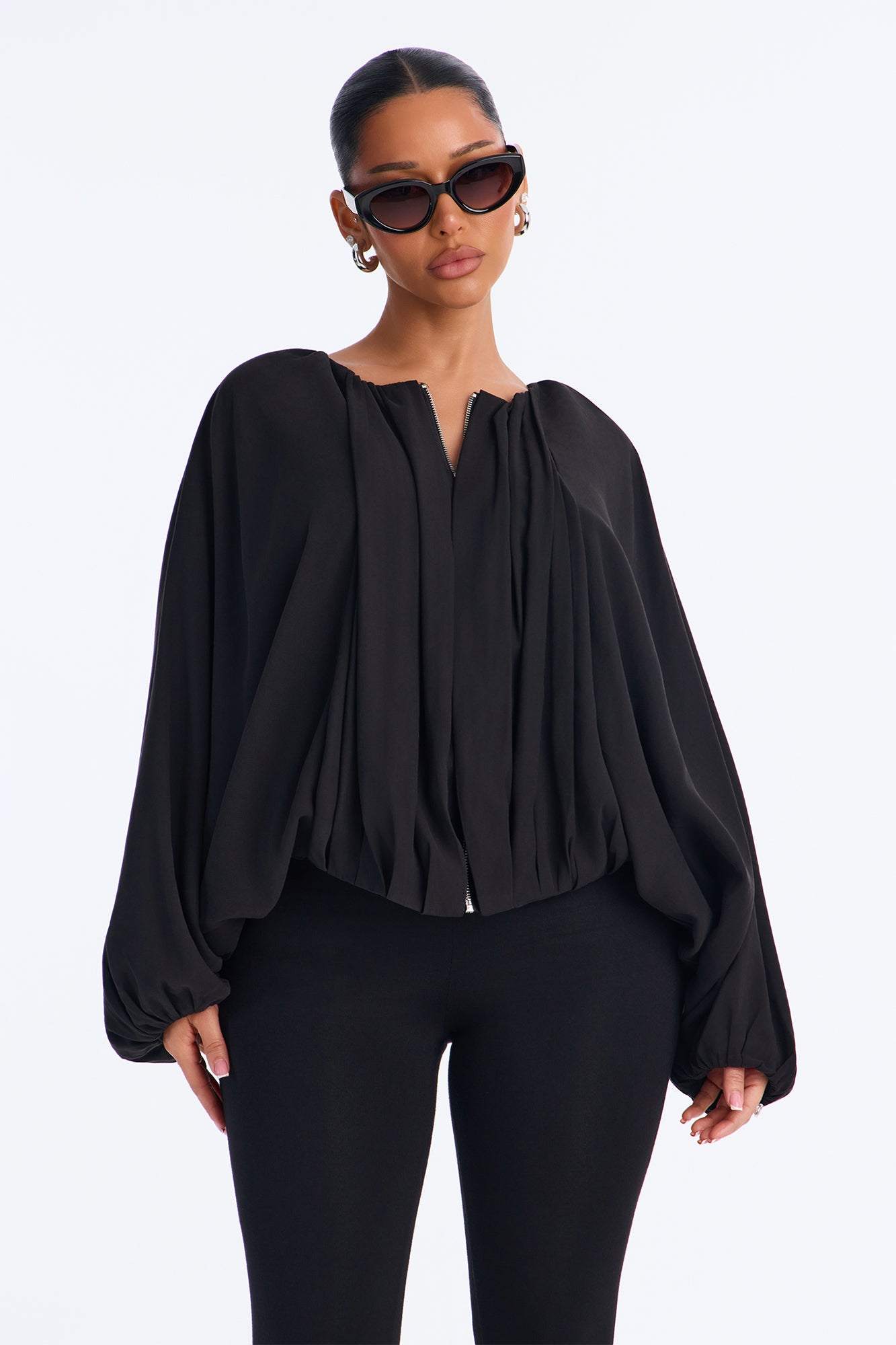 Evelyn Balloon Drape Crepe Woven Jacket - Black