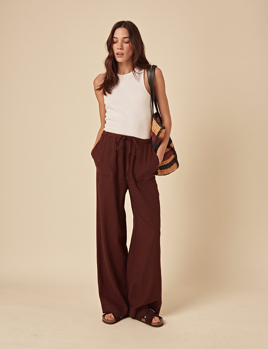 Brown Linen-Rich Wide Leg Trousers