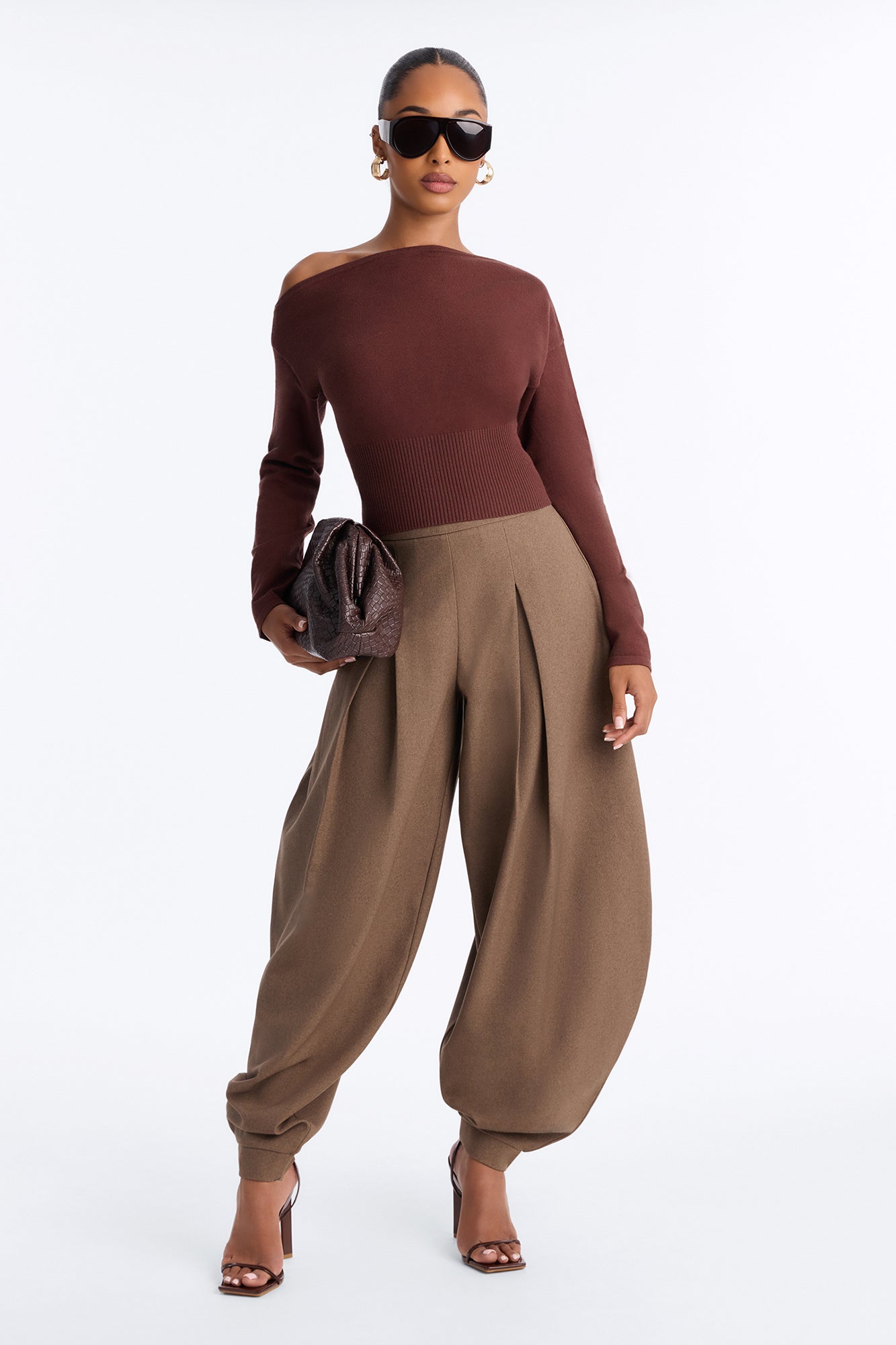 Eliza Balloon Leg Pleated Trouser - Brown