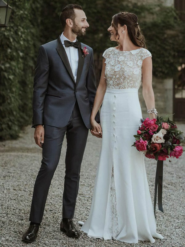 Glamorous Sheath Cap Sleeves Lace Wedding Dresses with Buttons