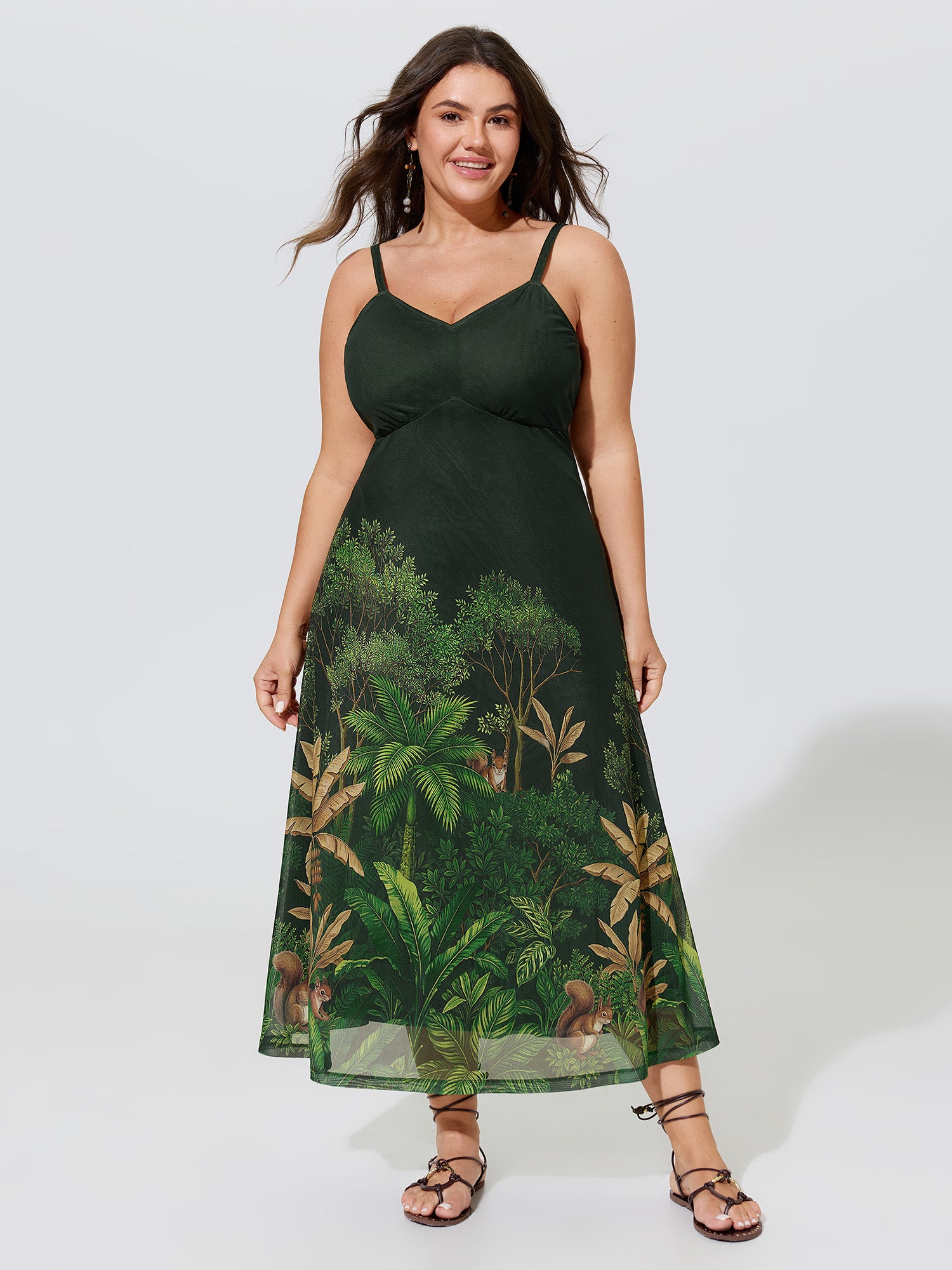 Jungle Print Mesh Spaghetti Strap Midi Dress