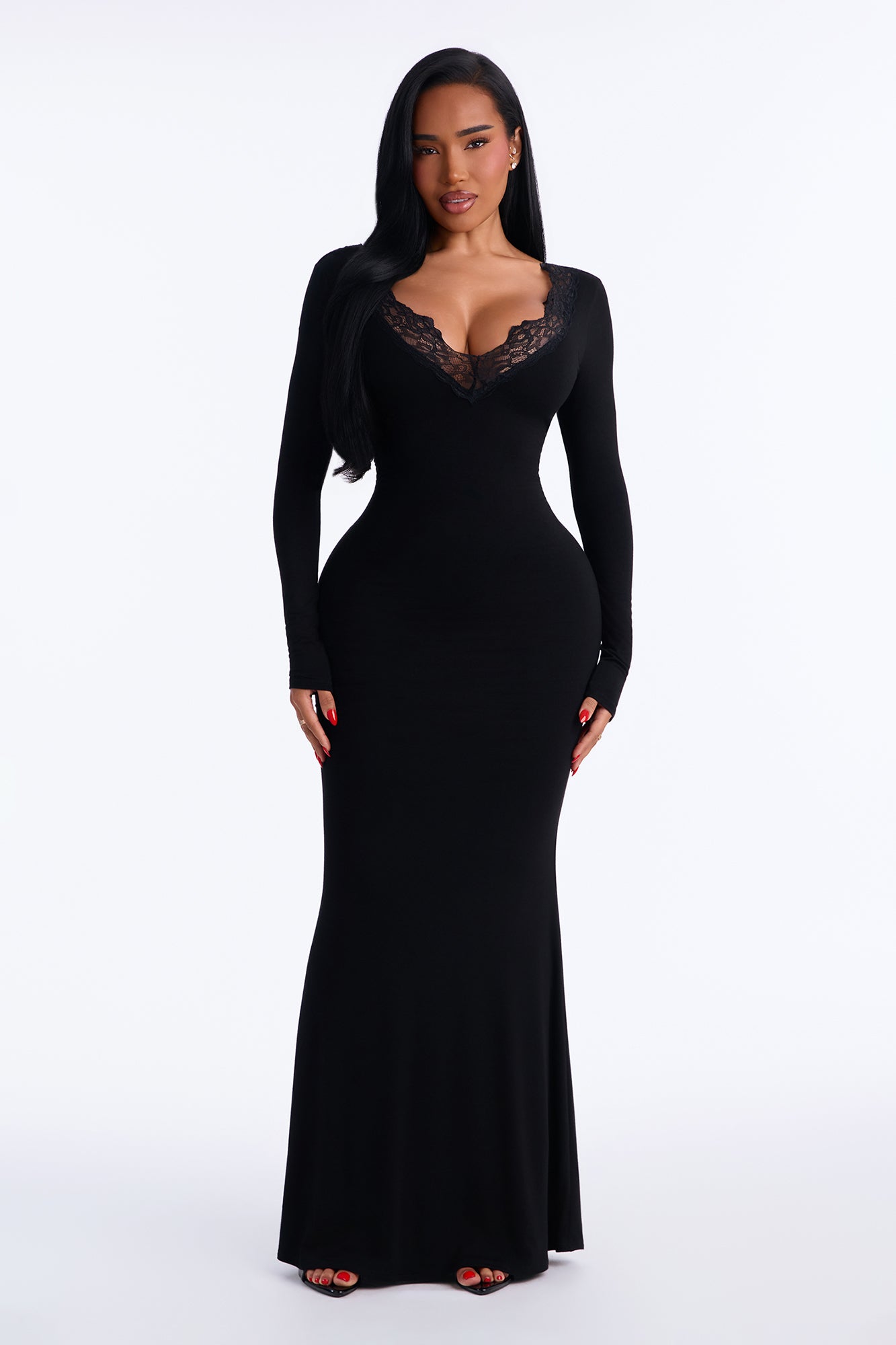 Liv Long Sleeve Lace Trim Maxi Dress - Black