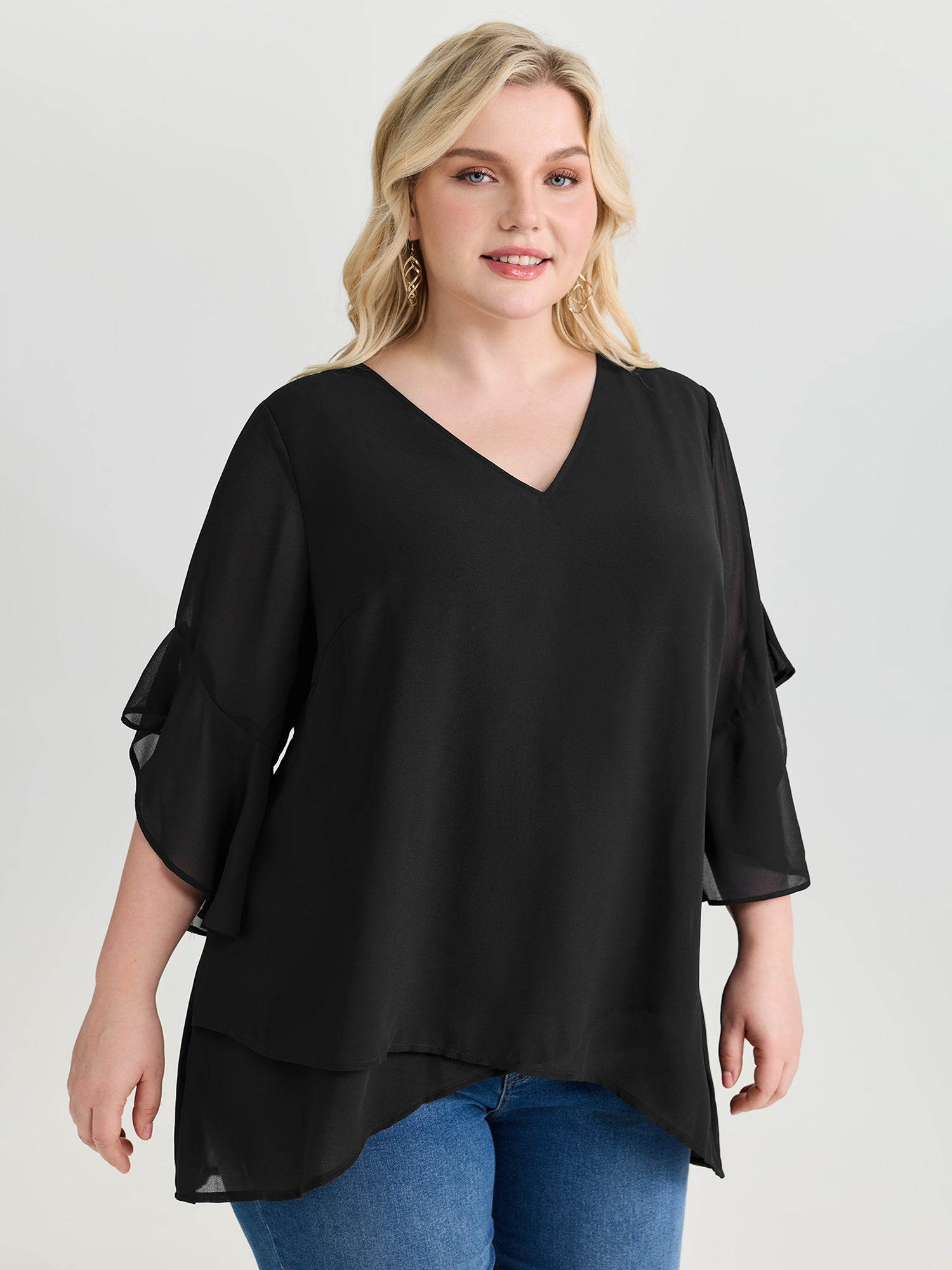 Sheer Flowy Ruffled Sleeve Plain Blouse