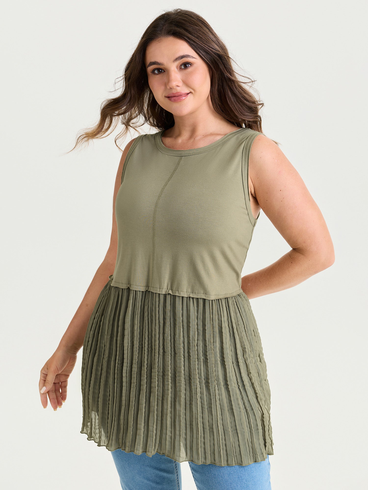 Pleated Flowy Long Sleeveless T-Shirt