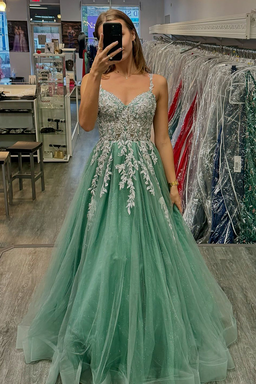 Long A-Line Corset Prom Dress in Sage Green with Spaghetti Straps and Tulle Appliques