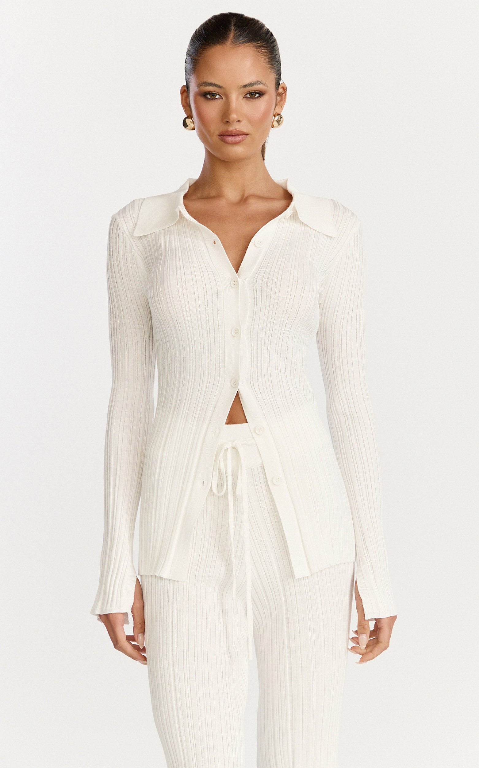 Kelsey Top - Button Through Long Sleeve Knit Top in Cream
