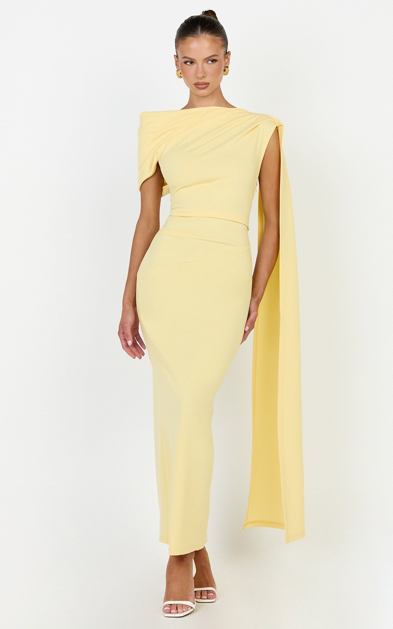 Visenta Midi Dress - Asymmetrical Sleeve Dress in Yellow