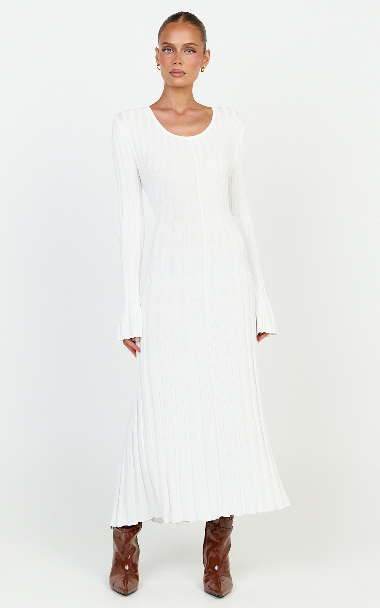 Blaire Midi Dress - Long Sleeve Tie Back Flare Dress in Ivory