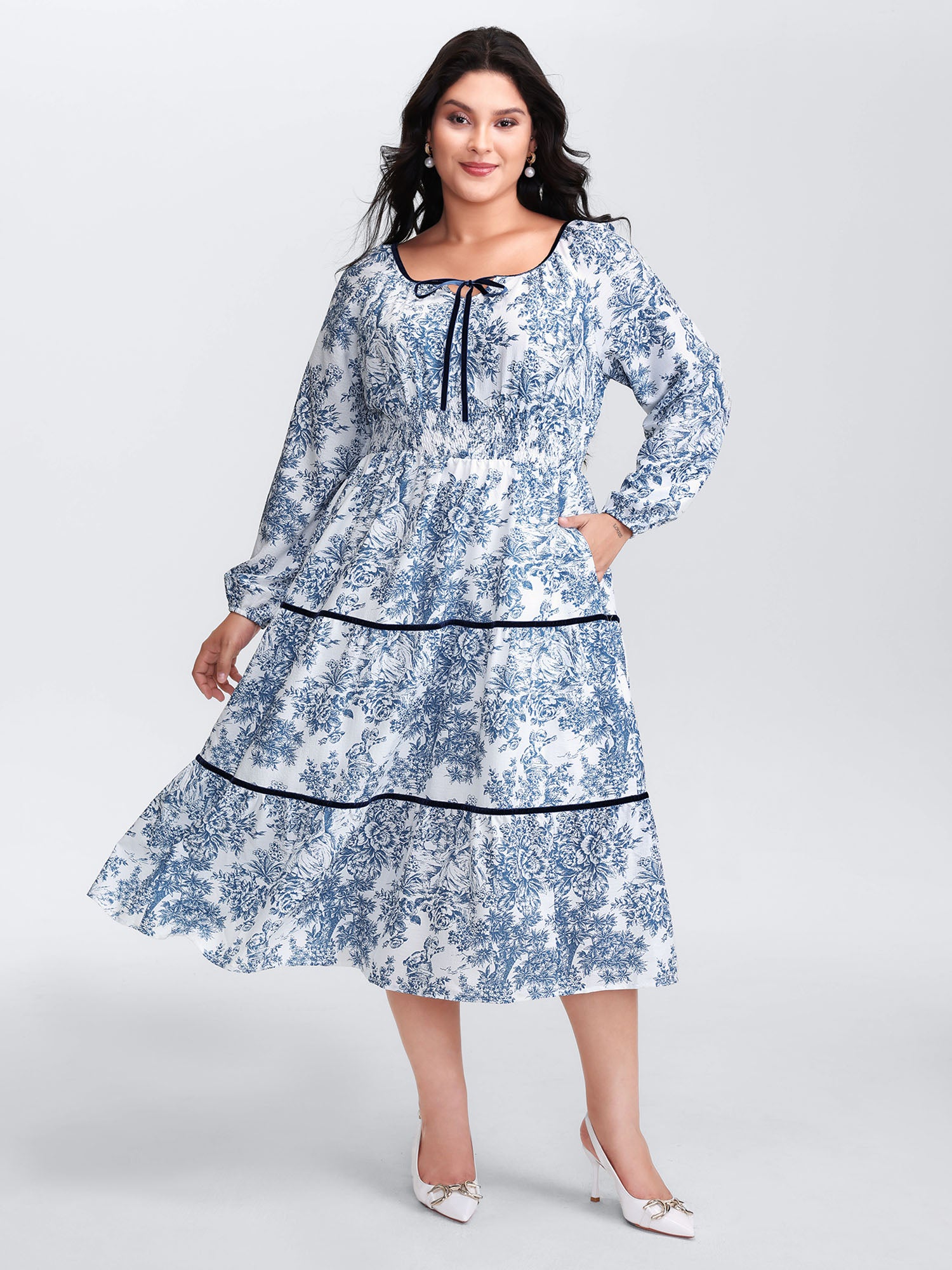 Toile de Jouy Neck-Tie Midi Dress