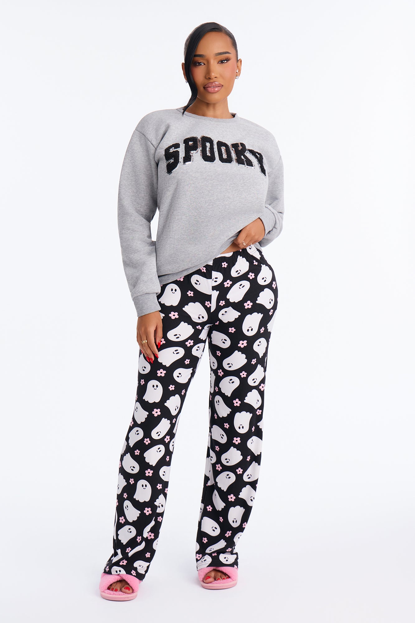 Spooky Nights 2 Piece Halloween Fleece Sweatshirt PJ Pant Set - Grey/Black