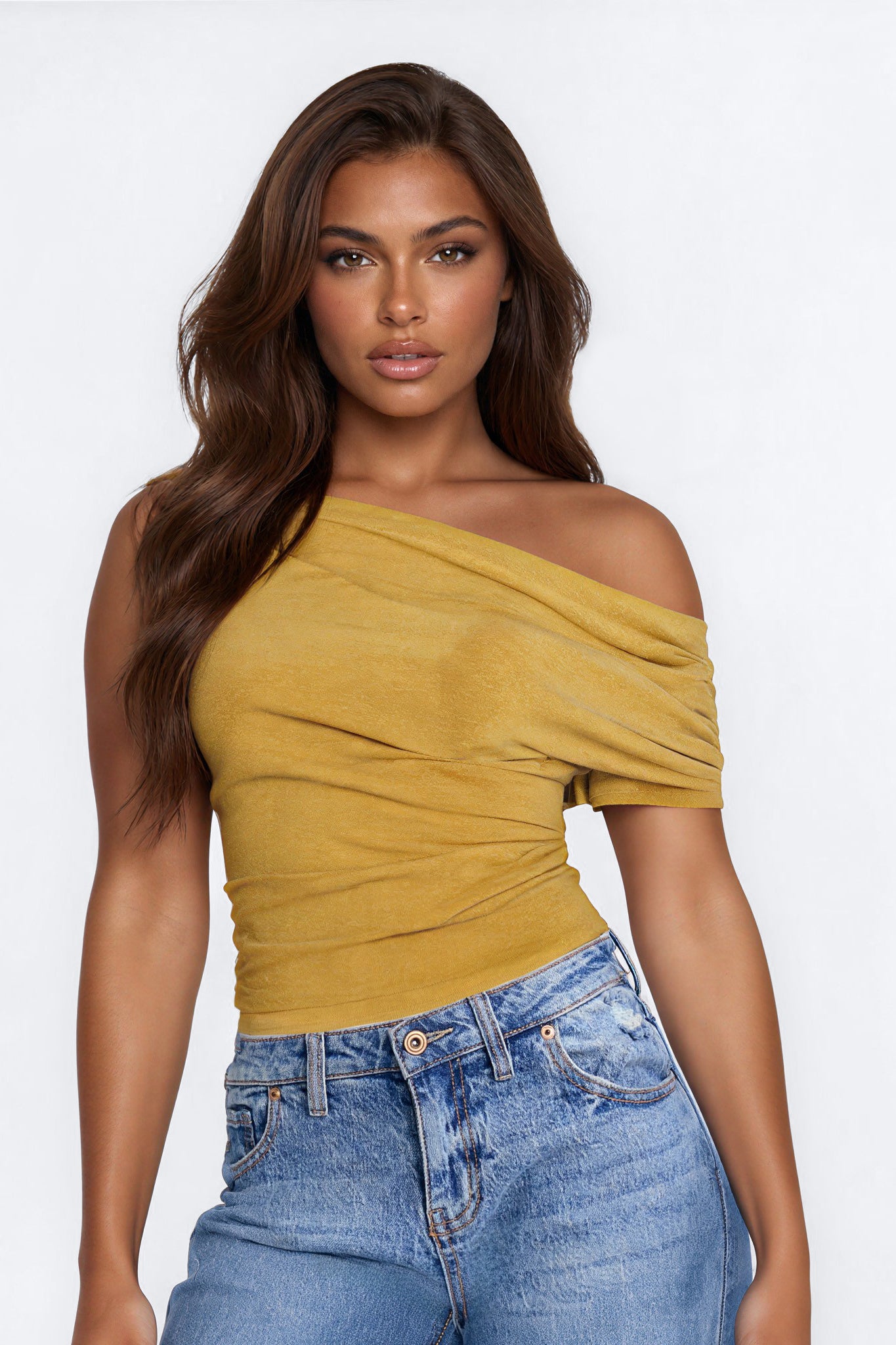 No Effort Ruched Off Shoulder Top - Olive