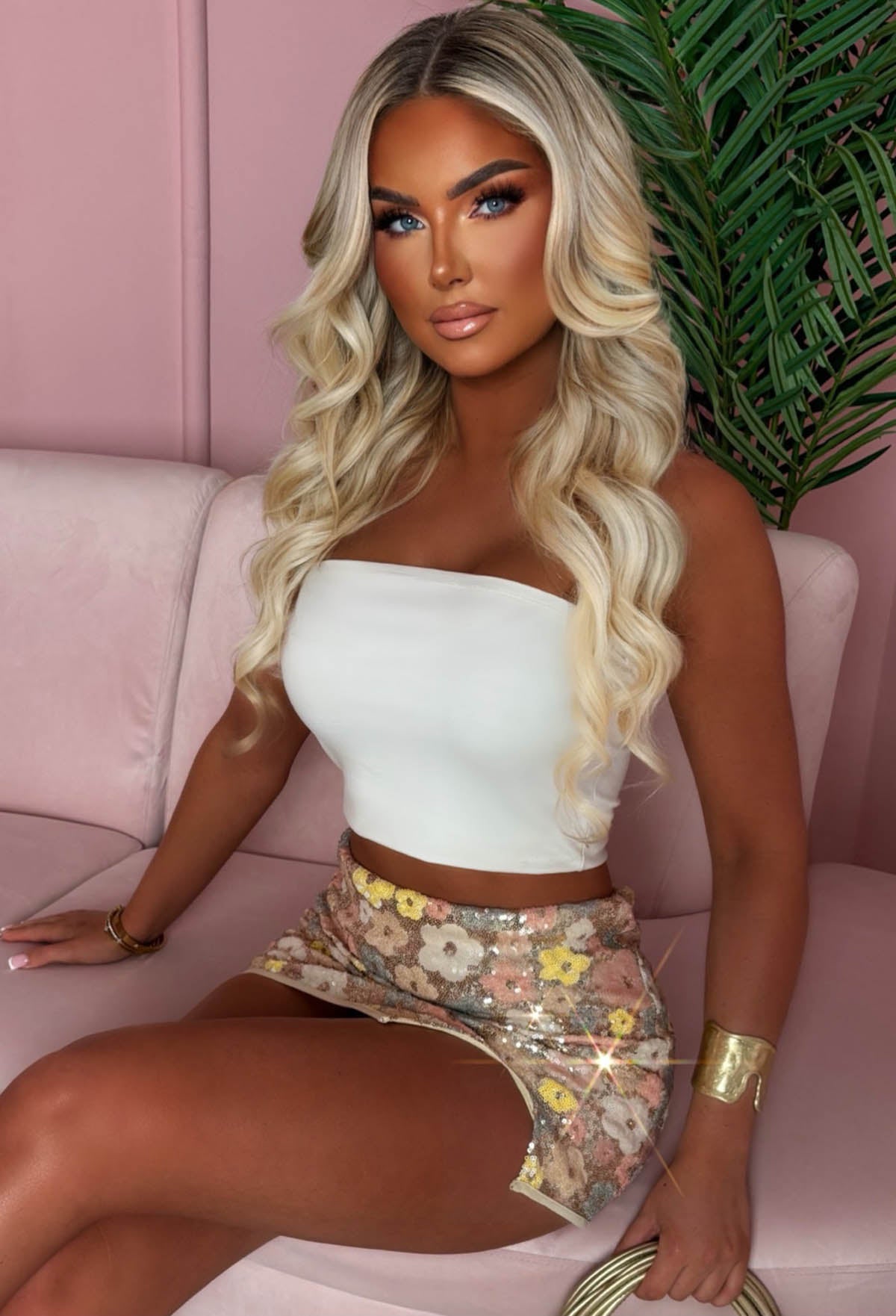 Kristena Rose Gold Flower Sequin Mini Skirt