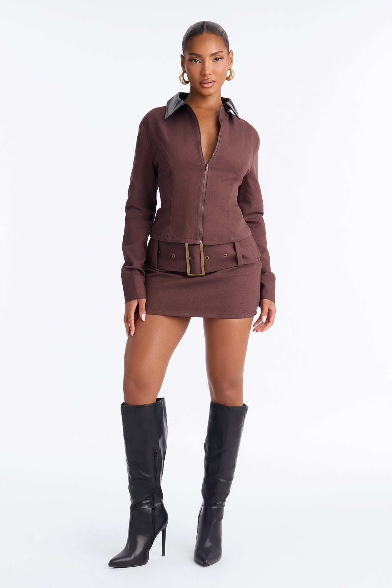 Keri Belted Denim Skirt Set - Brown