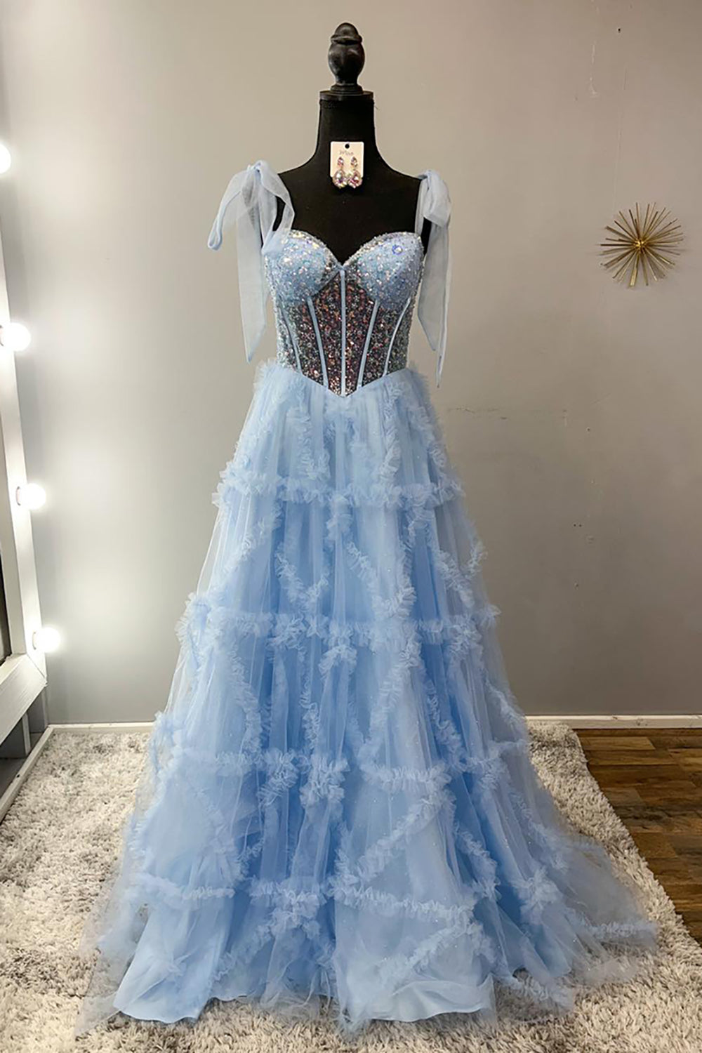 Long Corset Prom Dress with Light Blue Tulle and Sequins Featuring Spaghetti Straps