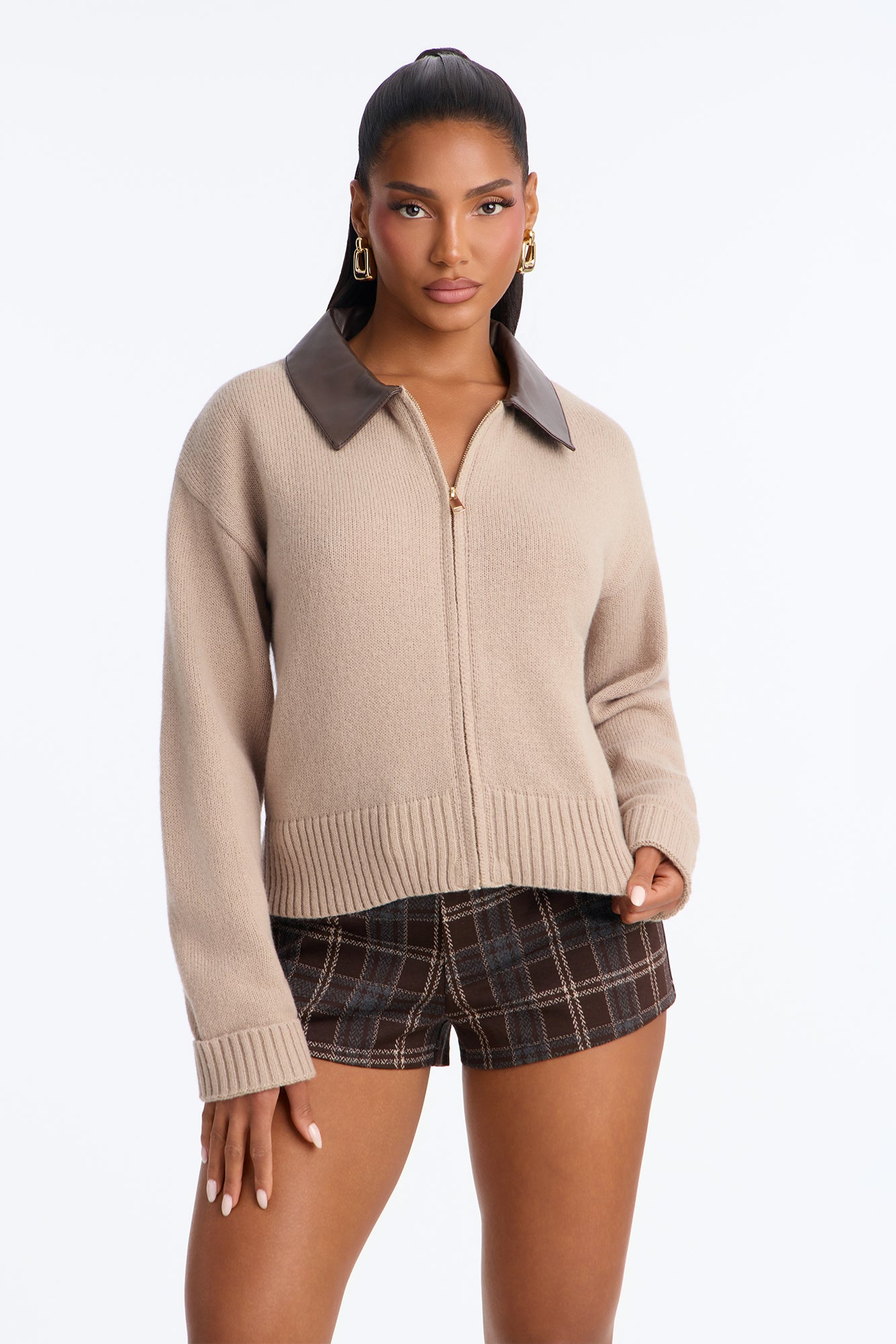 Dawn Double Front Zip Sweater - Taupe
