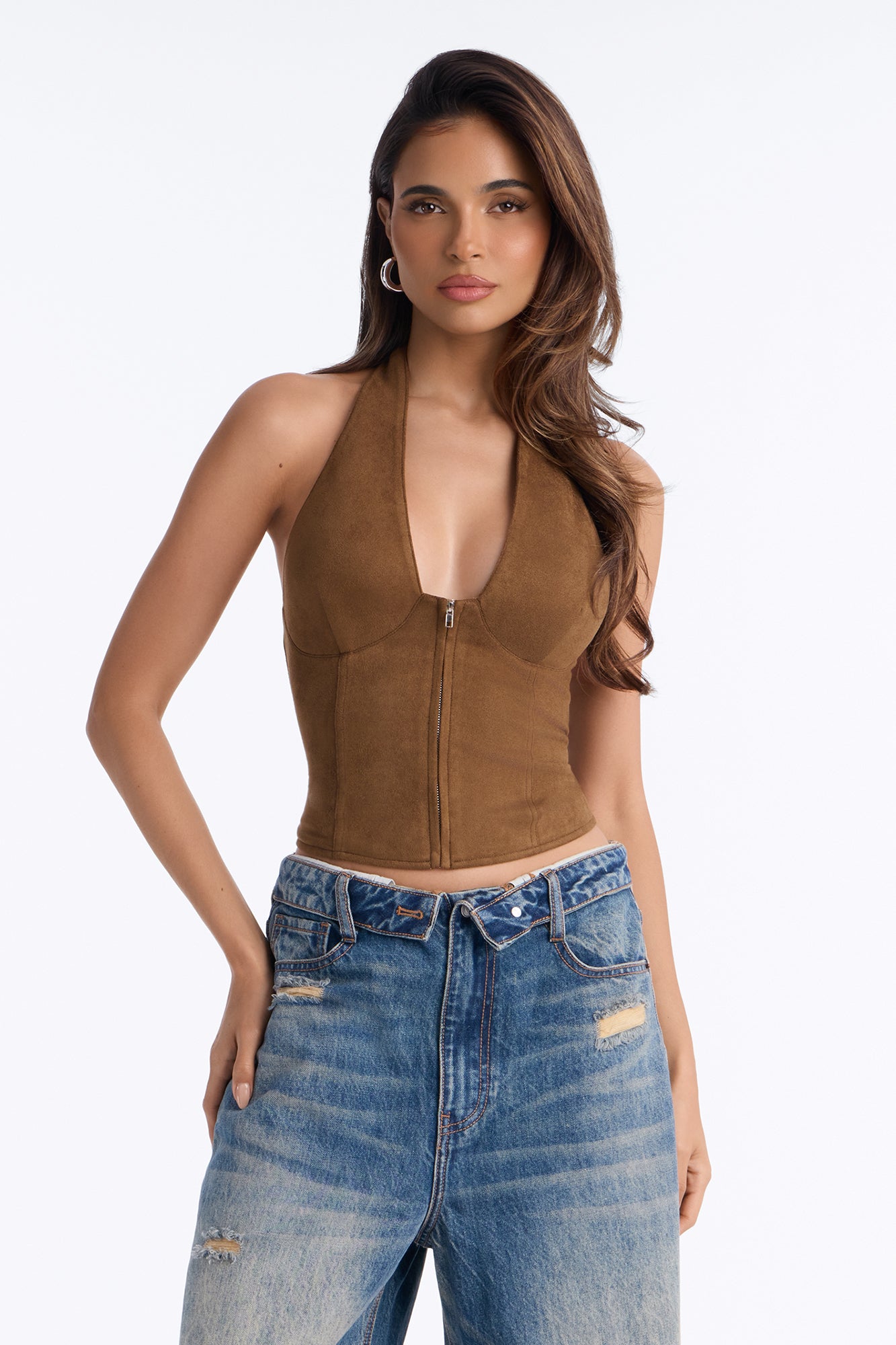 Desert Dime Faux Suede Halter Top - Brown