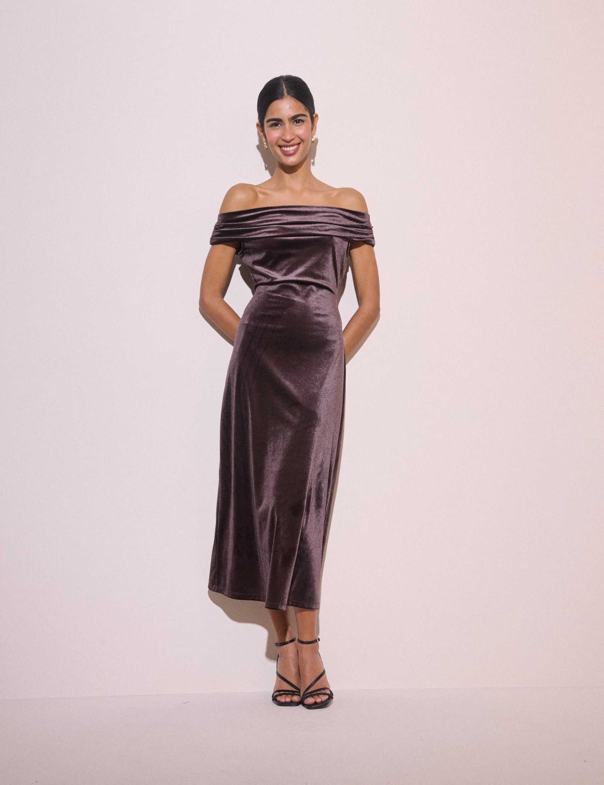 Brown Gathered Velvet Pippa Midi Dress