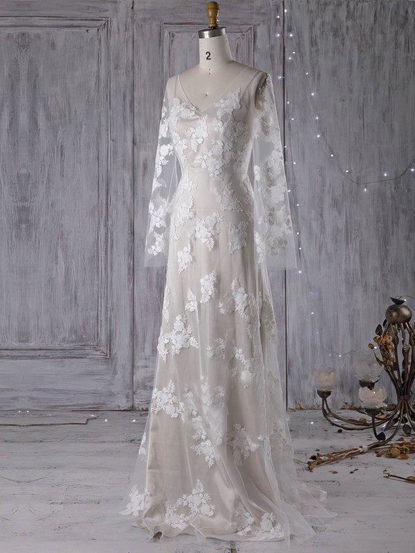 Chic A-Line V-Neck Long Sleeves Lace Sweep Train Wedding Dresses with Appliques