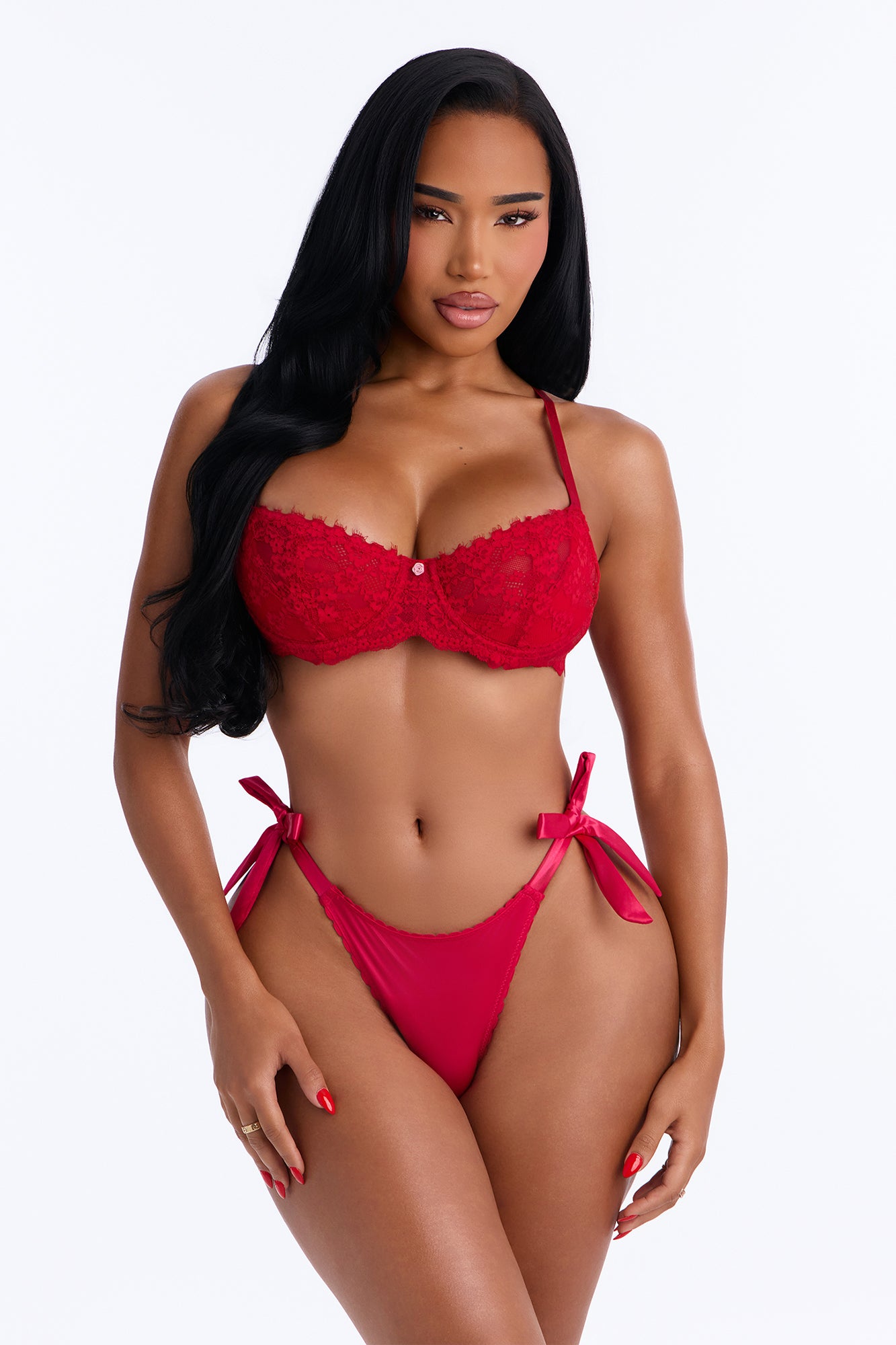 Tied To You Stretch Shiny Tanga Thong Panty - Raspberry
