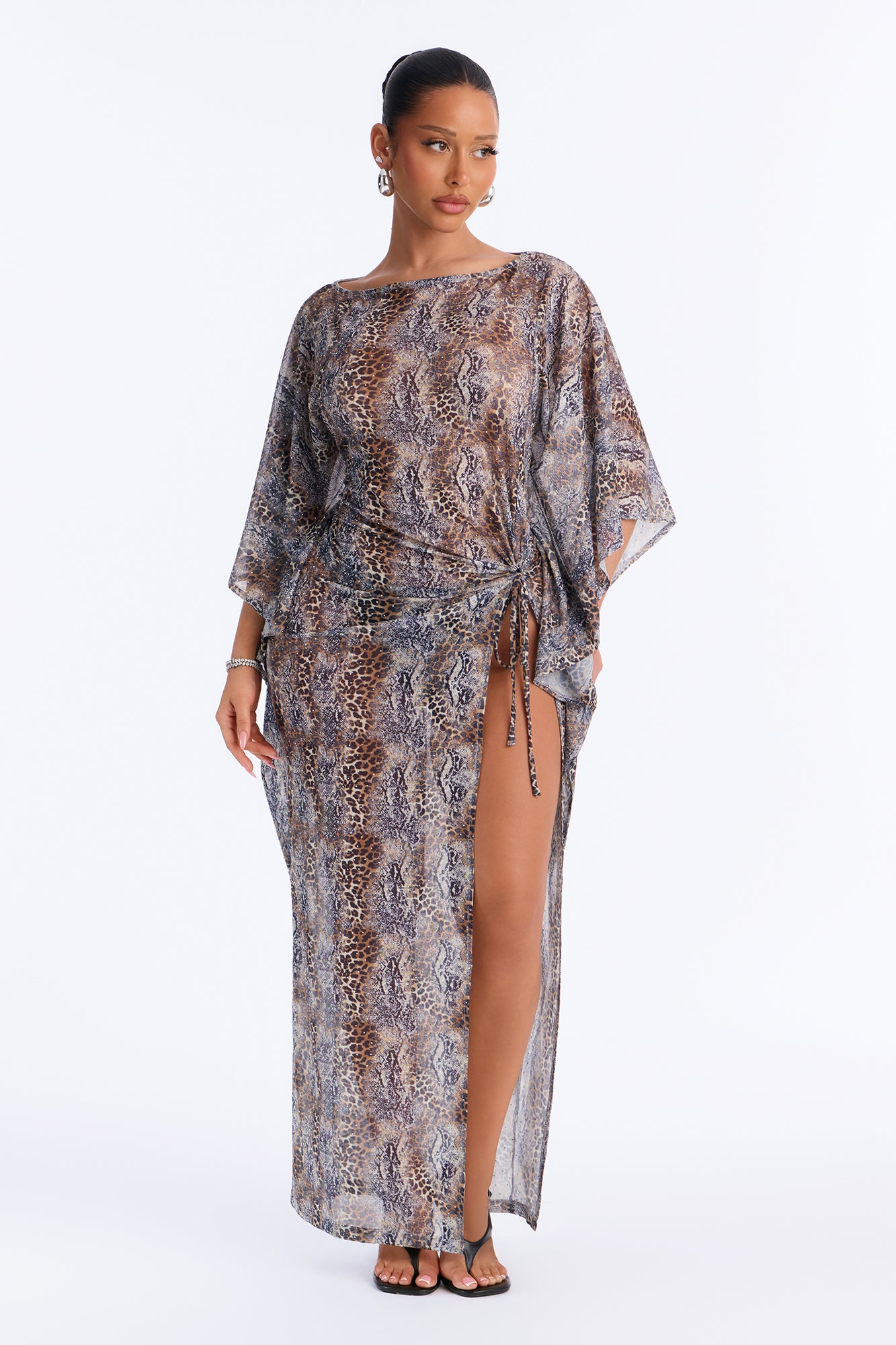 Life Of Leisure Rhinestone Mesh Kaftan Maxi Dress - Blue/combo