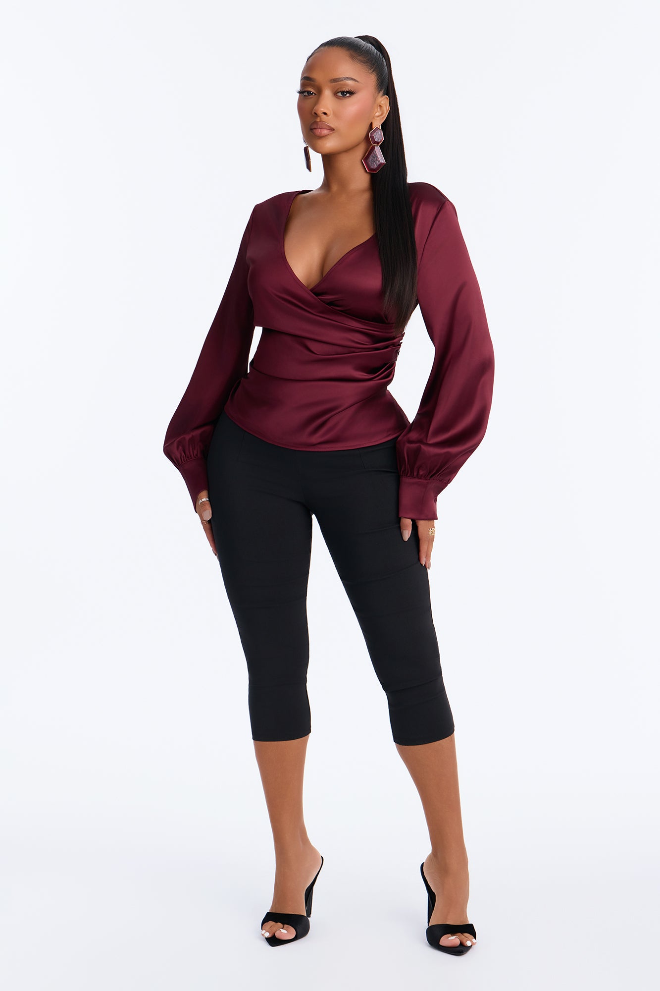Rare Moment Long Sleeve Satin Blouse - Burgundy