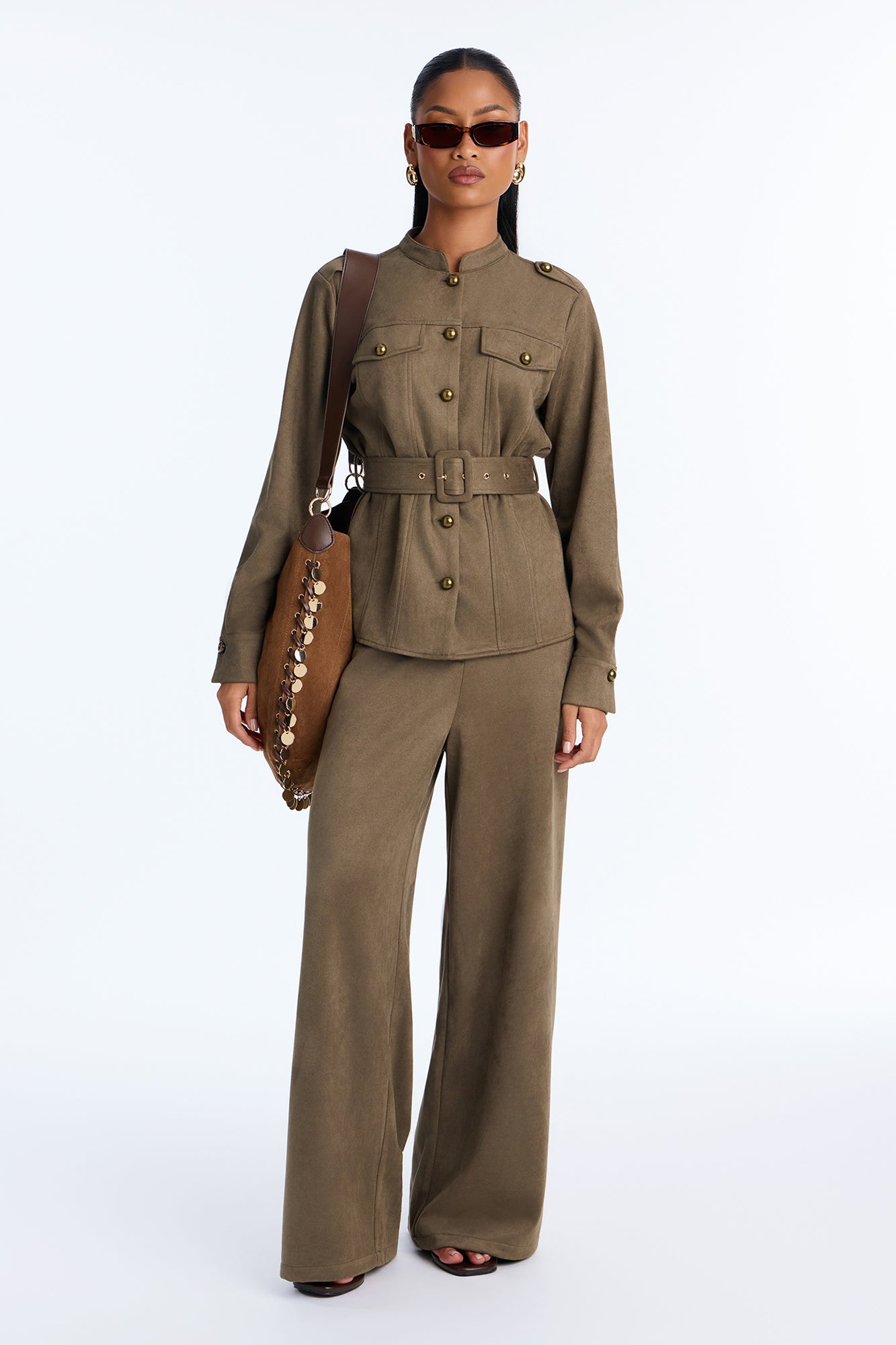 Ava Belted Faux Suede Pant Set - Olive