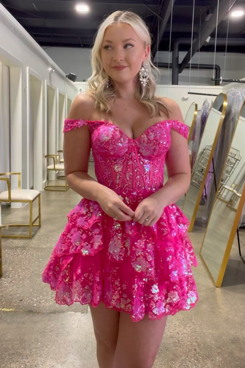 Sparkly Fuchsia Tiered Lace A-Line Short Homecoming Dress/Mini Dress