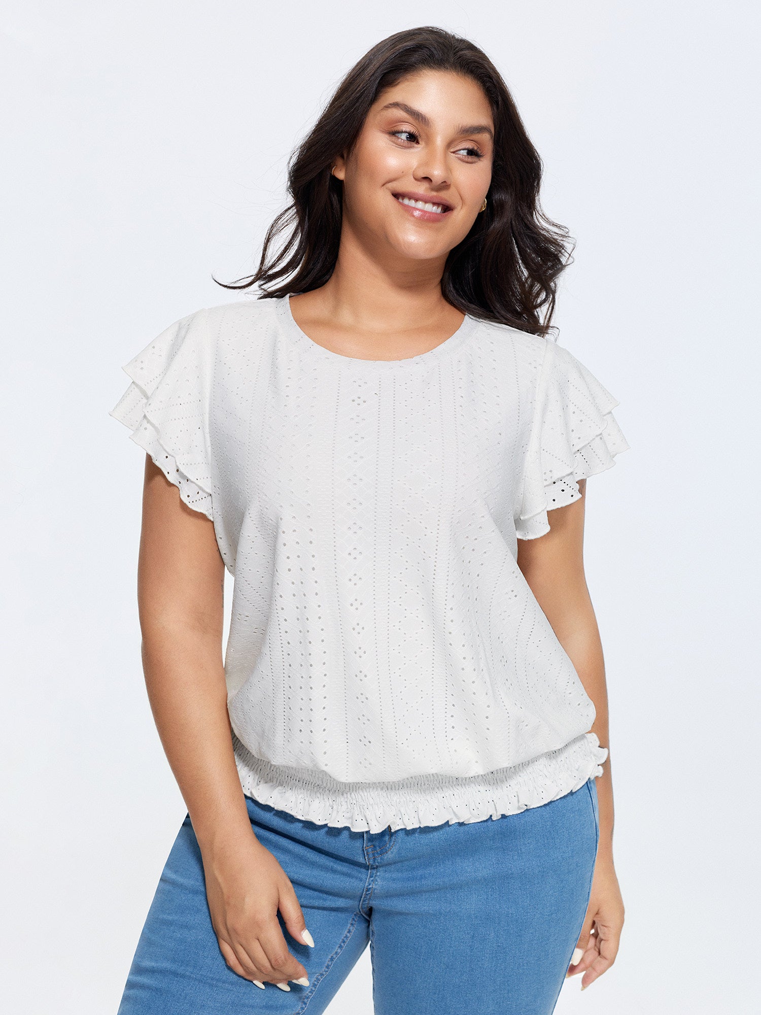 Shirred Hem Eyelet Textured T-Shirt
