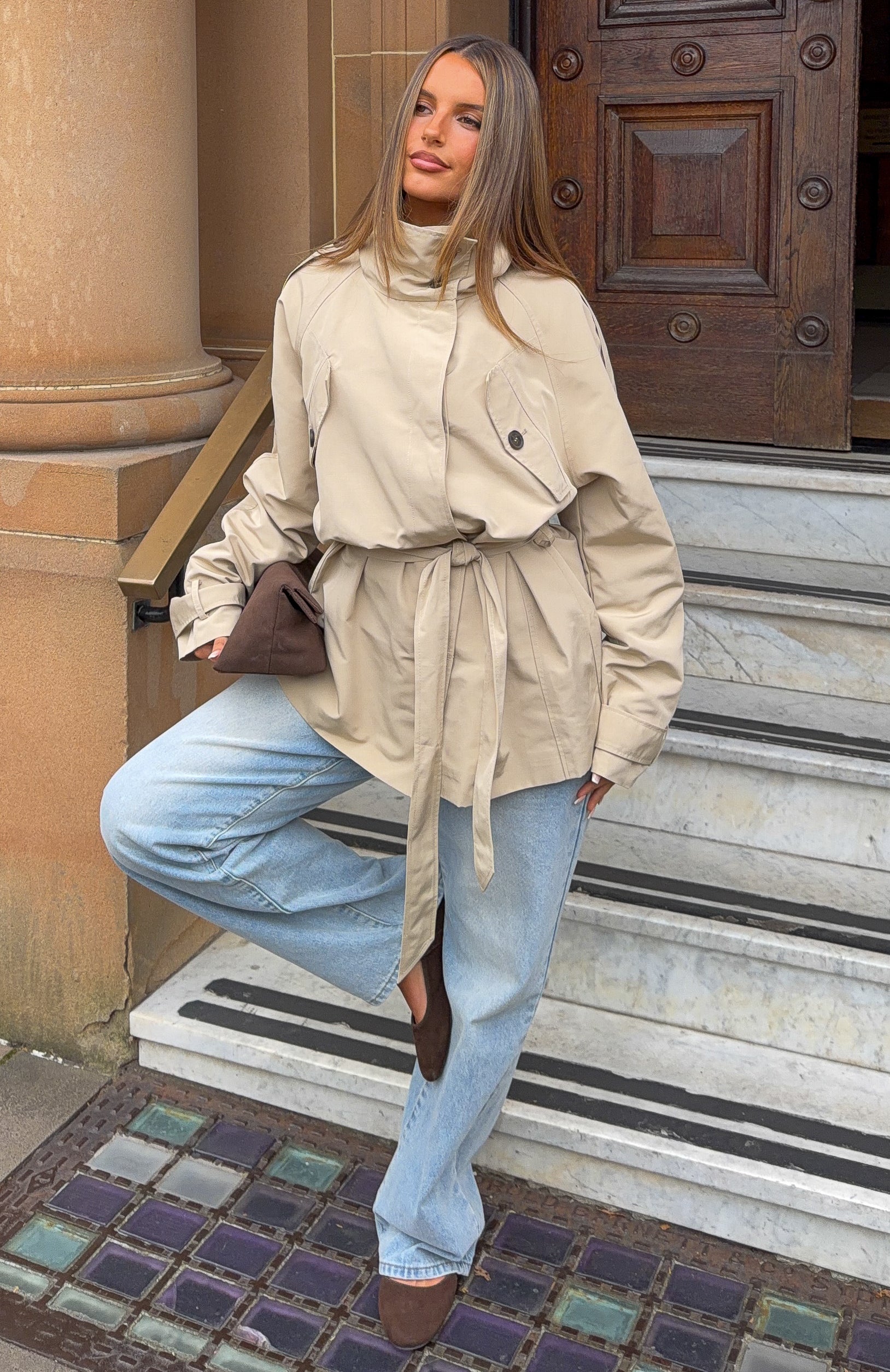 Thessaly Funnel Neck Cropped Trench Jacket Sand