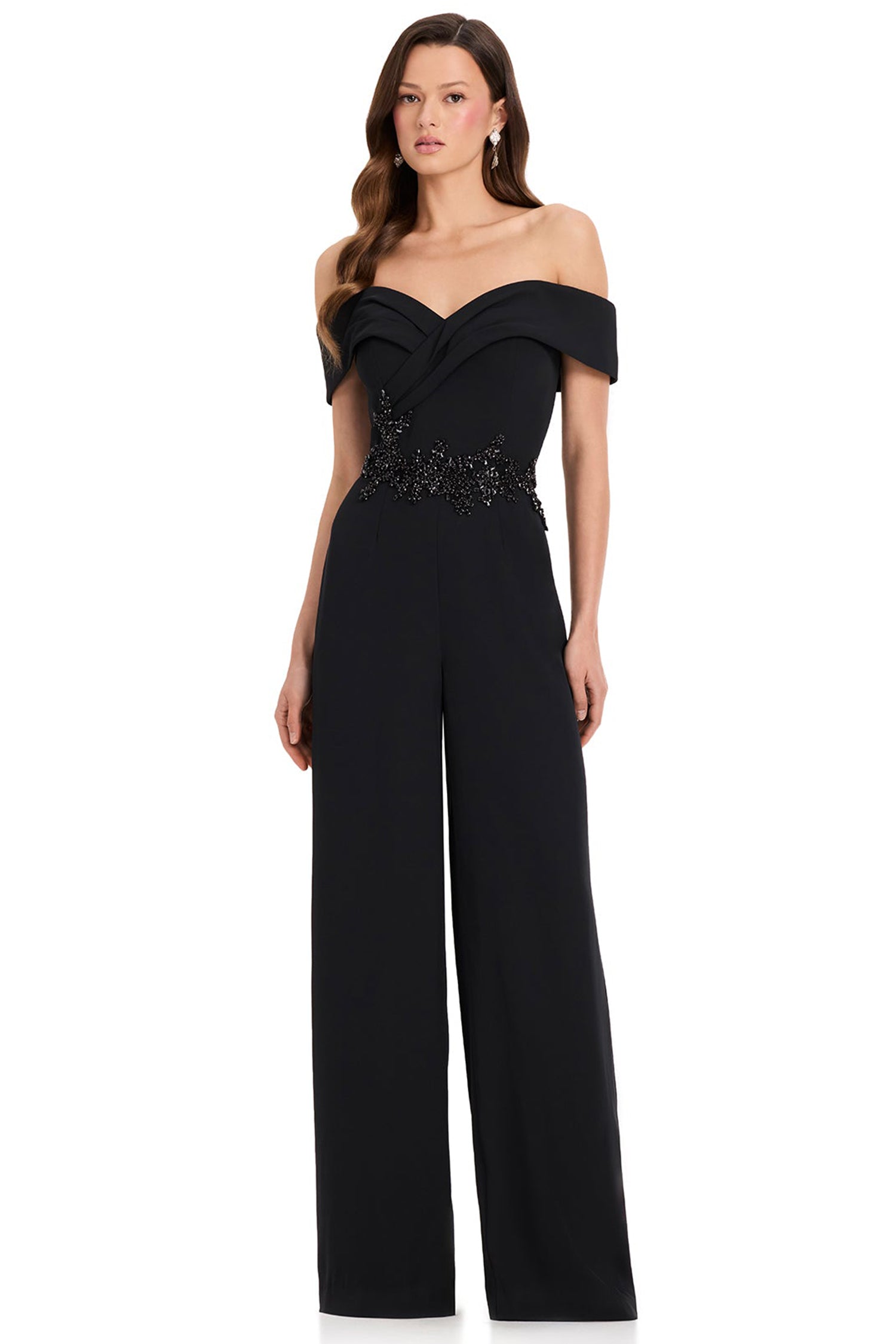 Ashley Lauren E12384 Beaded Waist Wide Leg Crepe Jumpsuit