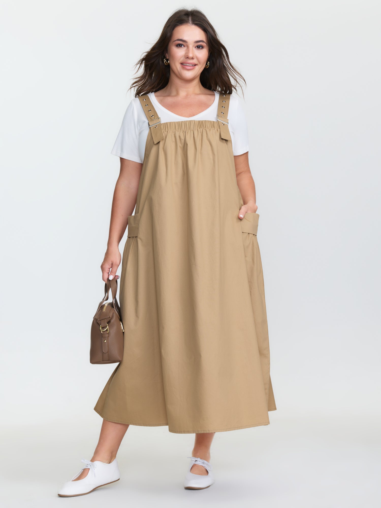 Cotton Adjustable Pockets Overall Maxi Dress