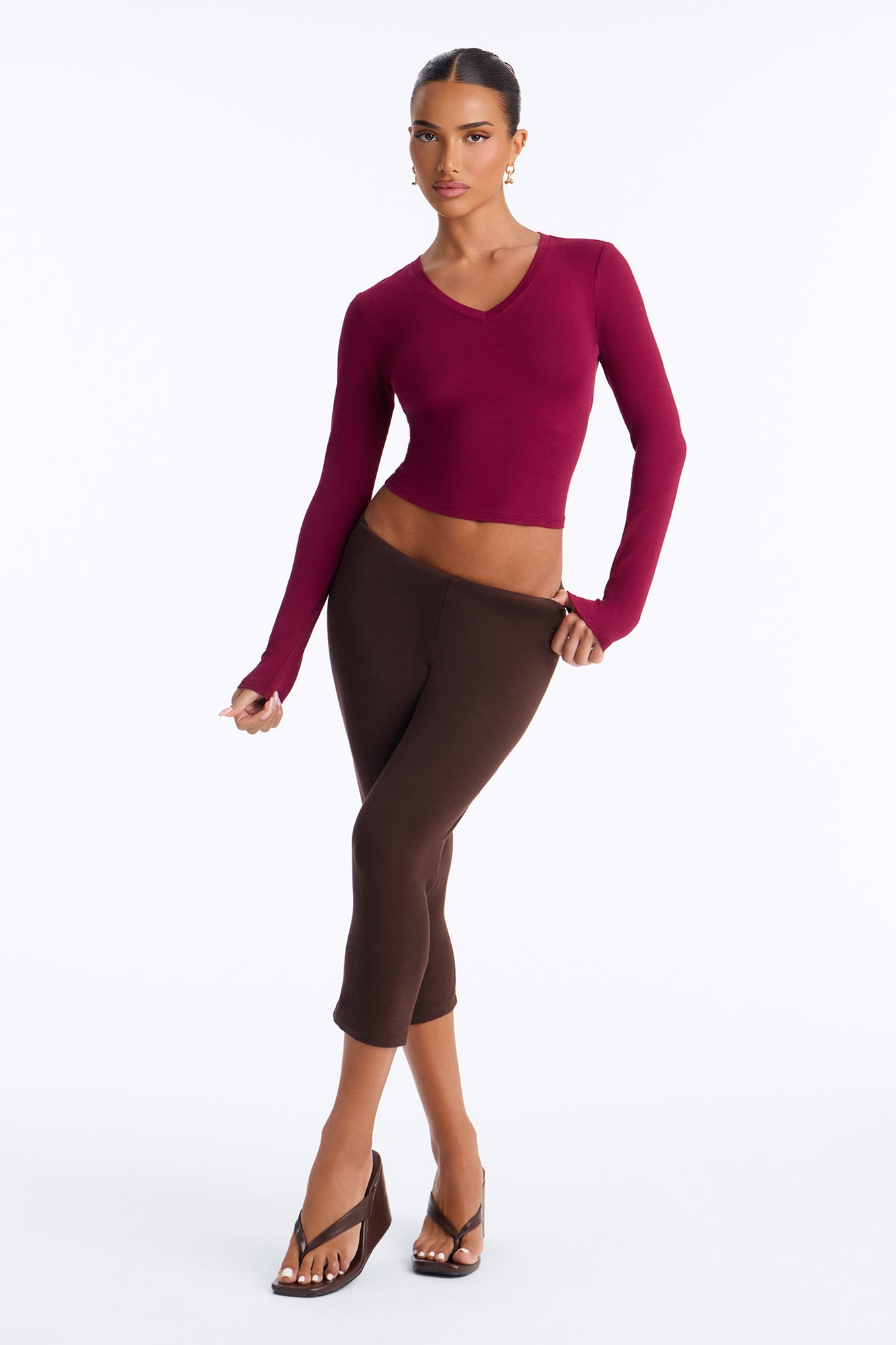 Sariah Cropped V Neck Long Sleeve Tee - Burgundy