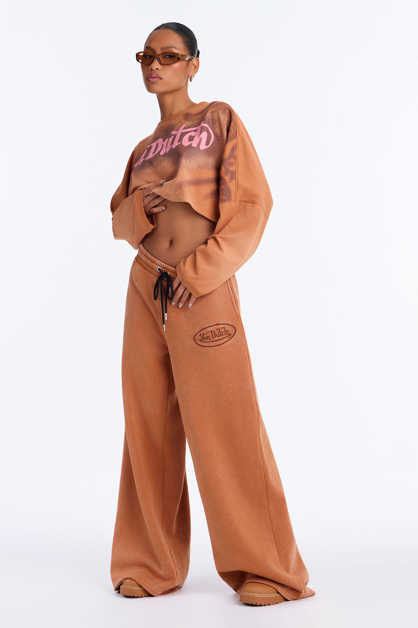 Von Dutch Washed Logo Straight Leg Sweatpants - Camel
