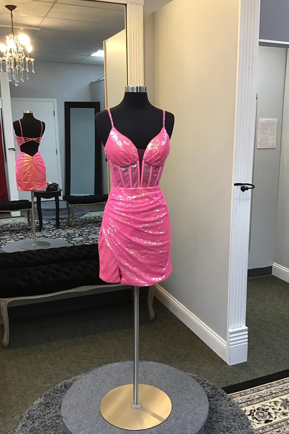 Sparkly Fuchsia Open Back Corset Tight Short Sequins Homecoming Dress/Mini Dress