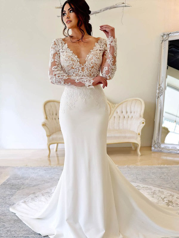 Glamorous Long Sleeves Lace Mermaid V-Neck Stretch Satin Court Train Wedding Dresses