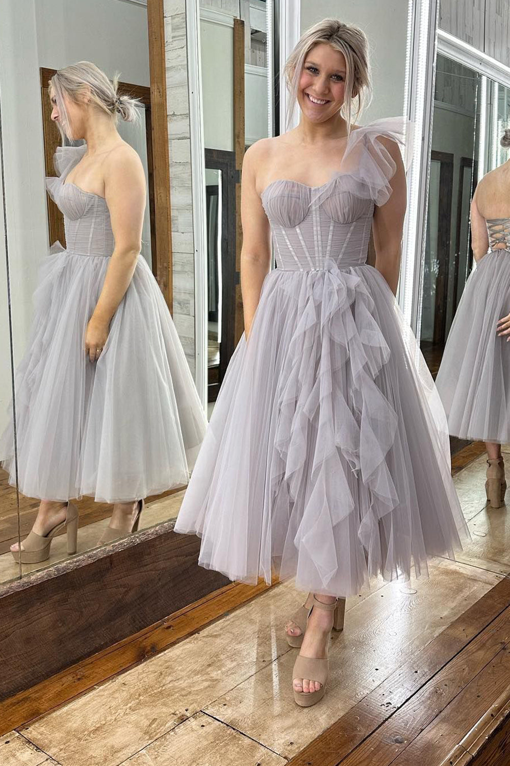 Grey Corset One Shoulder Tulle Homecoming Dress/Mini Dress with Ruffles