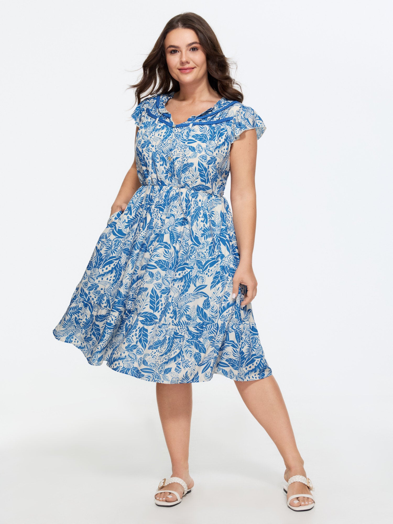 Tropical Print Braided Lace Flowy Midi Dress