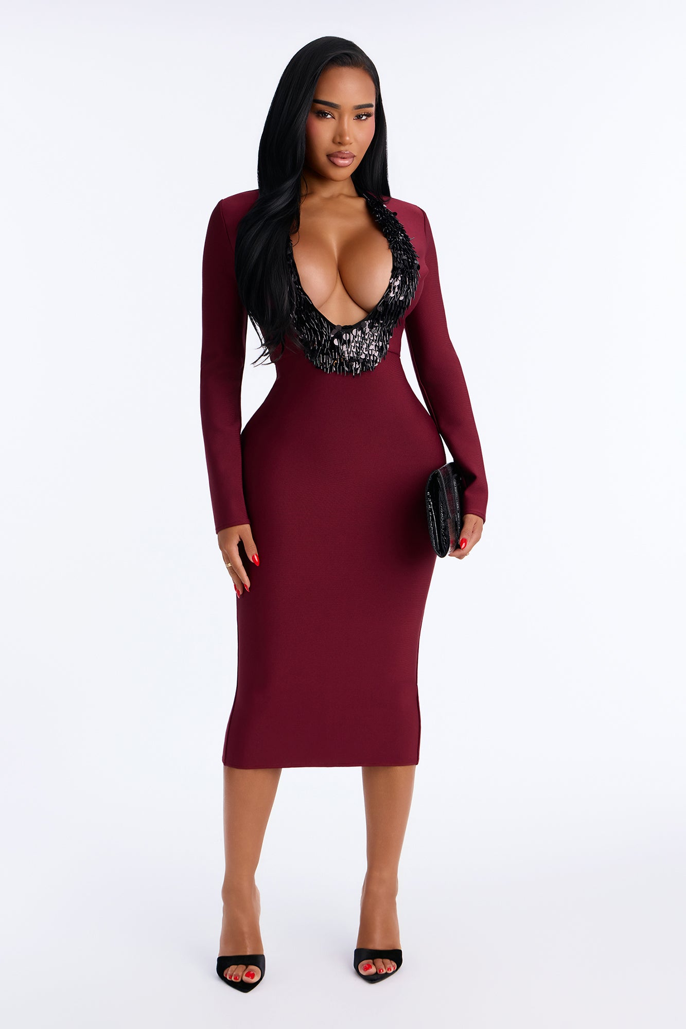 She A Show Off Embellished Bandage Midi Dress - Burgundy