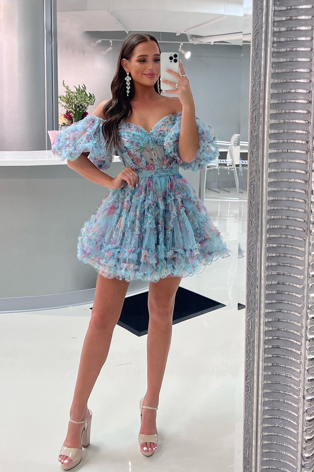 Blue Corset Off The Shoulder Floral A-Line Short Homecoming Dress/Mini Dress