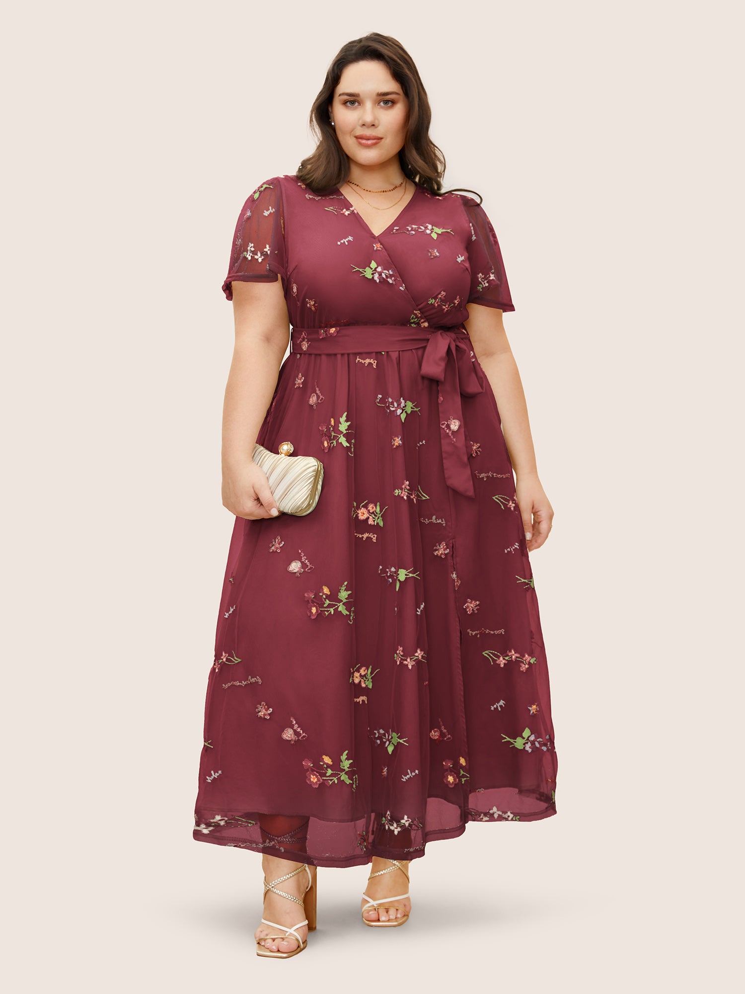 Overlap Collar Mesh Floral Embroidered Dress