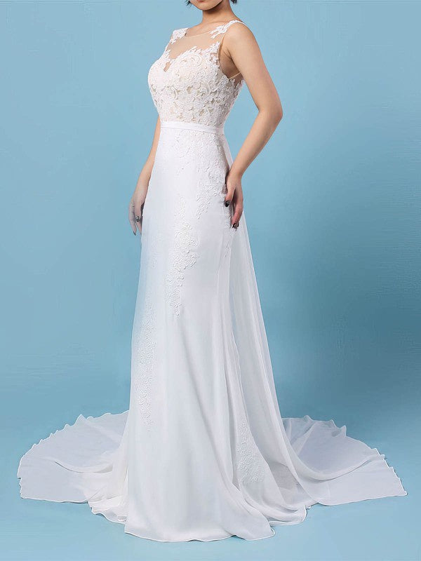 Elegant Mermaid Crew Sleeveless Chiffon Lace Sweep Train Wedding Dresses with Sash