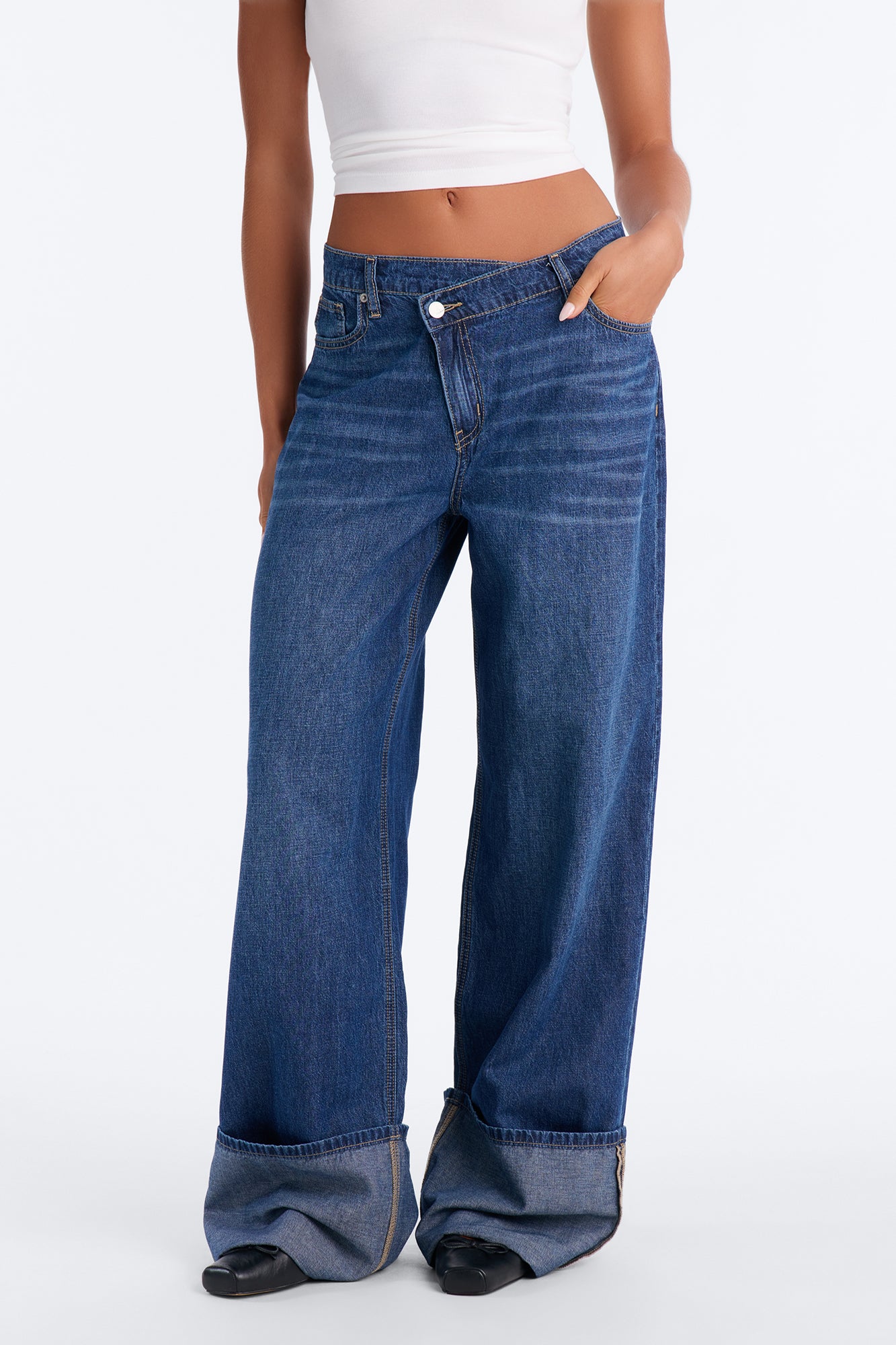 Les Rues Slouchy Crossover Cuffed Wide Leg Jeans - Dark Wash