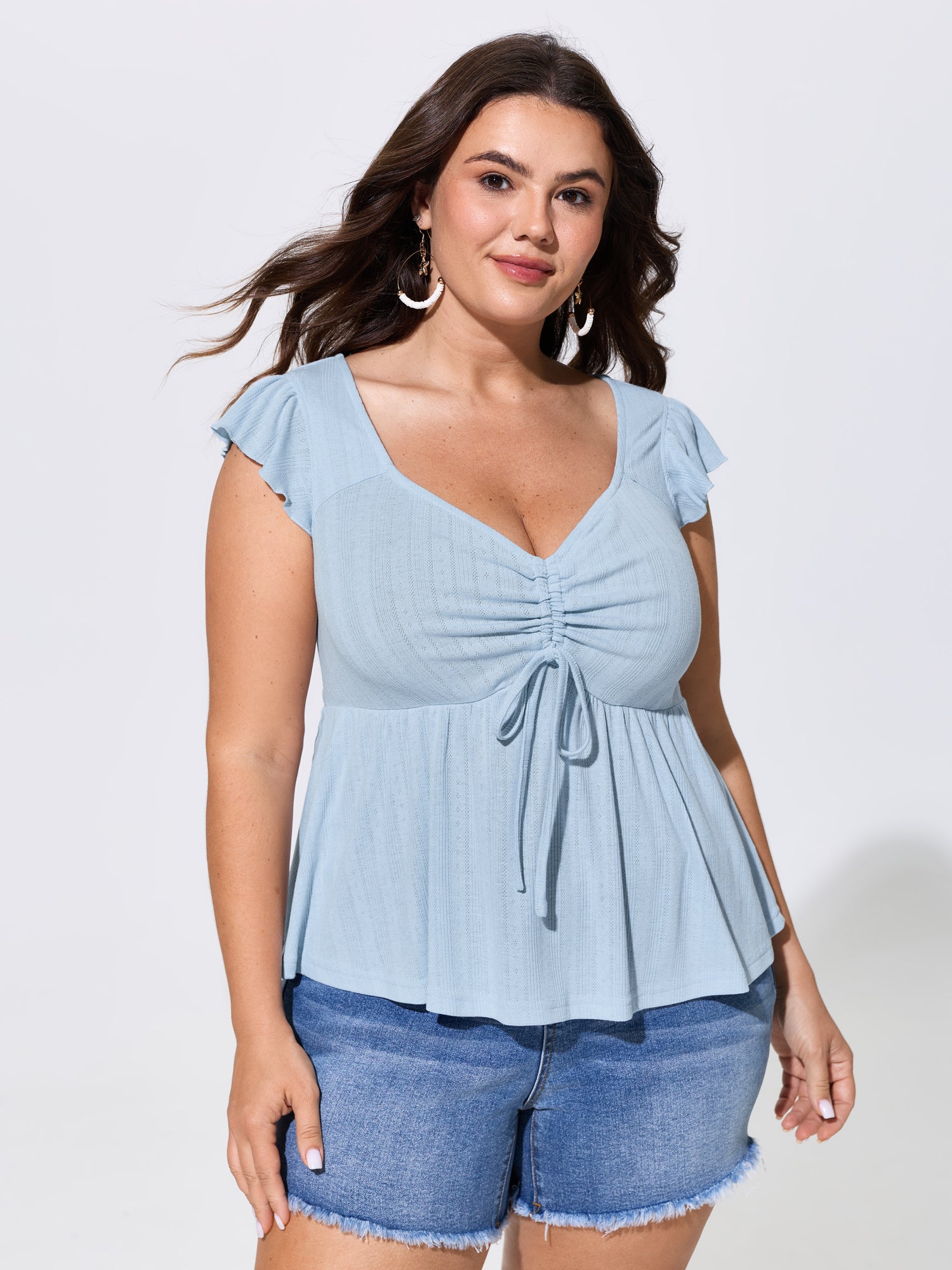 Supersoft Ruched Sweetheart Neckline Ruffled Sleeve Top