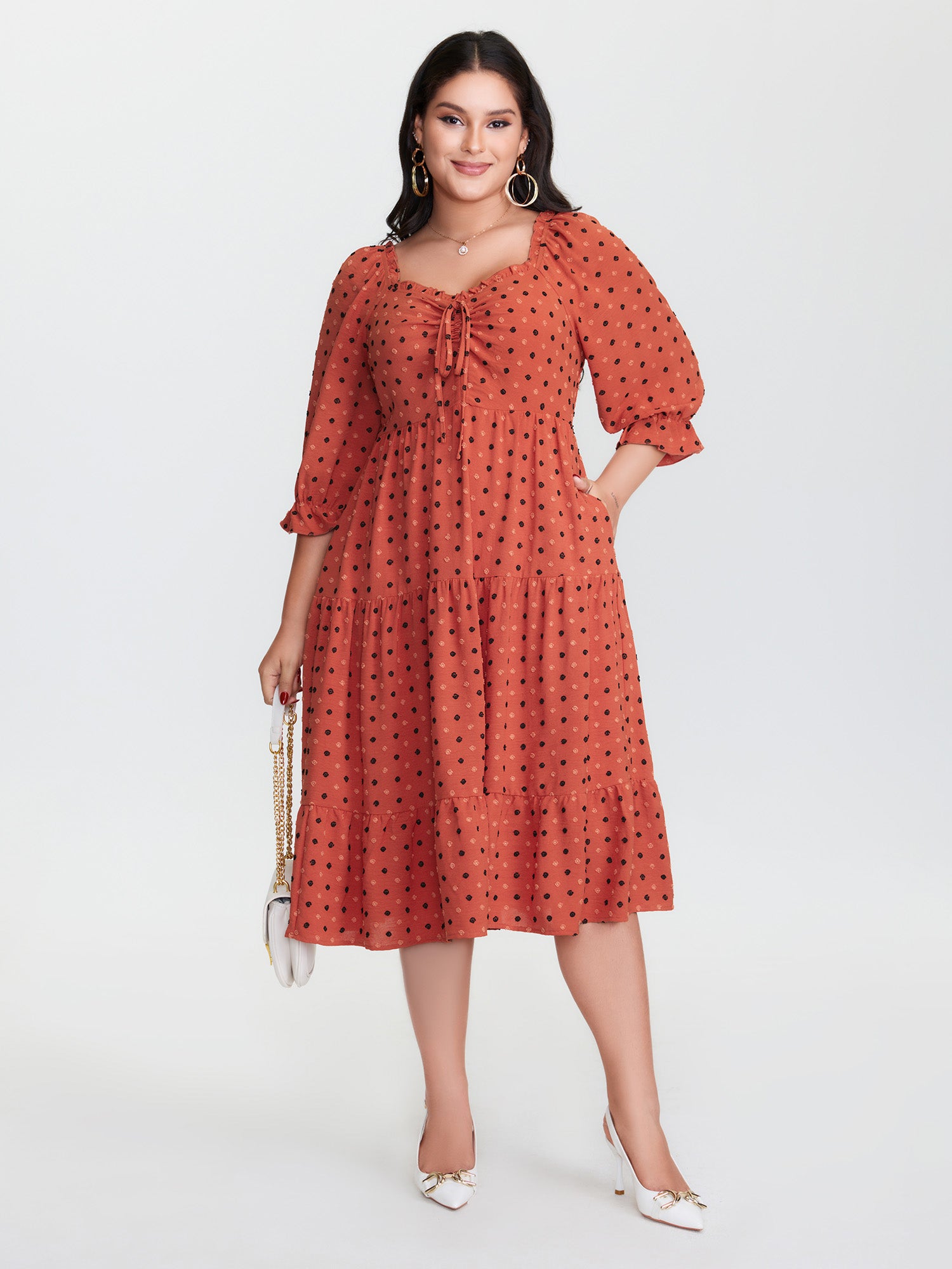 Polka Dots Ruched Drawstring Tiered Midi Dress