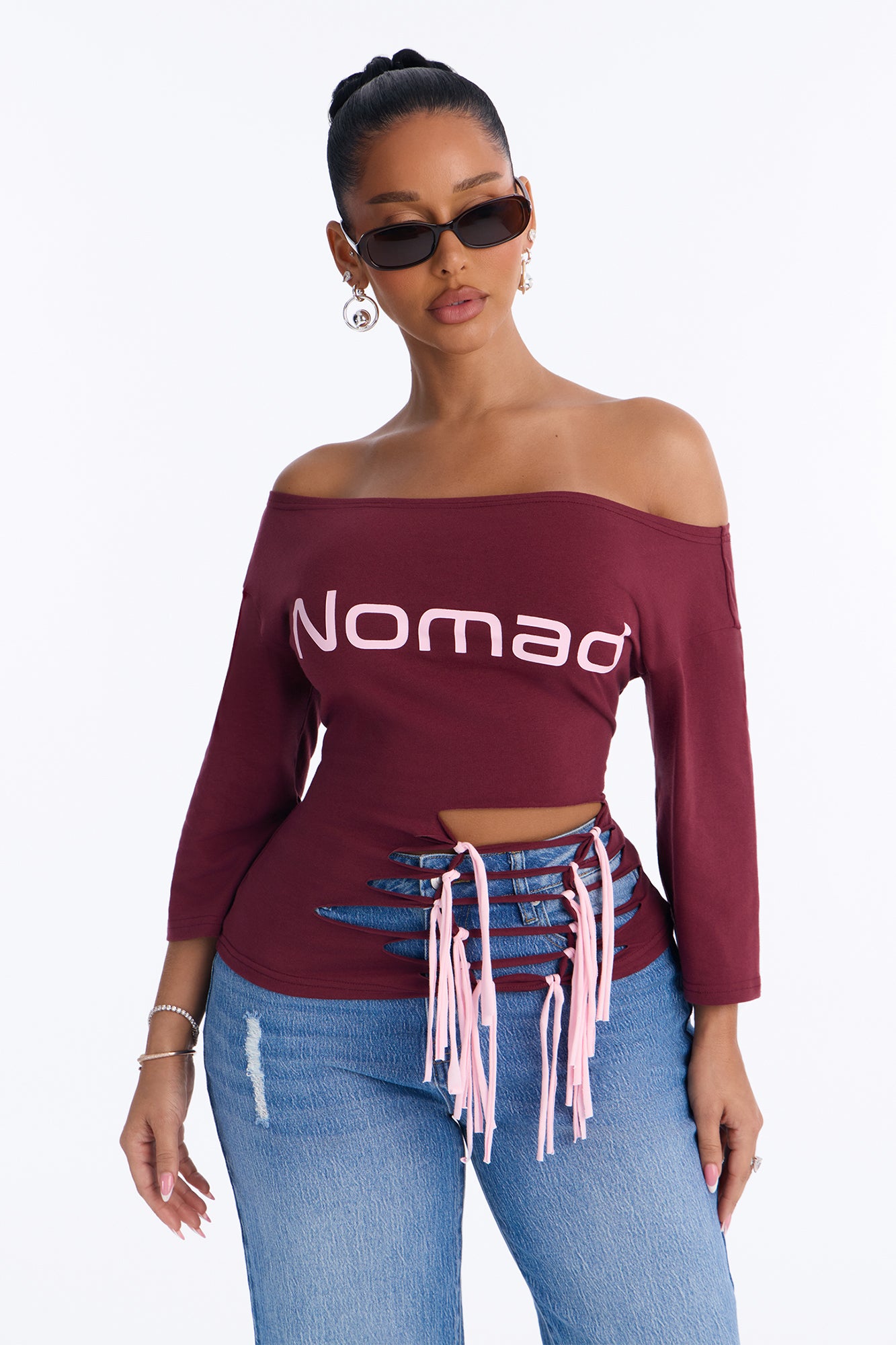 Nomad Off Shoulder Tie Top - Burgundy