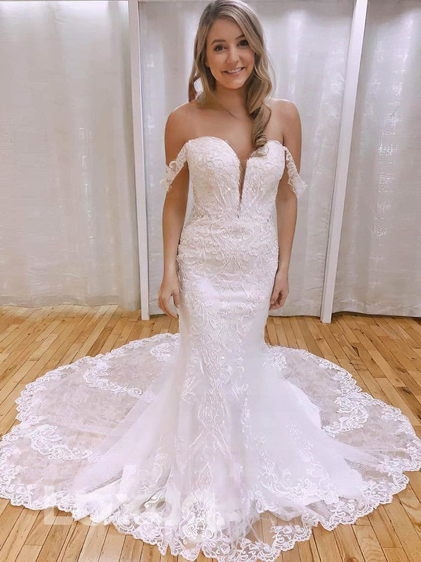 Glamorous Trumpet Off-The-Shoulder V-Neck Lace Court Train Wedding Dresses