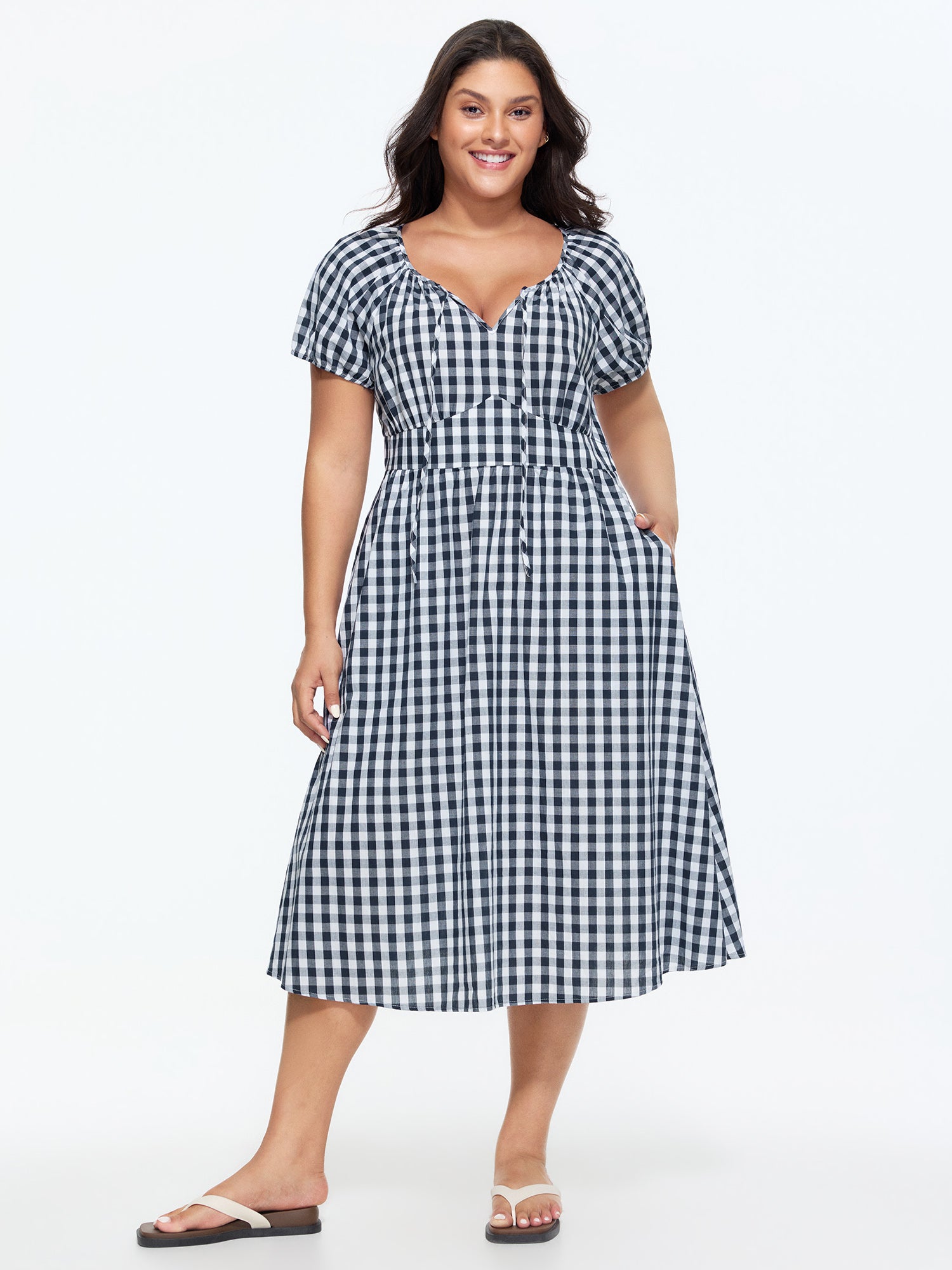 Pure Cotton Gingham Print Puffy Sleeve Midi Dress