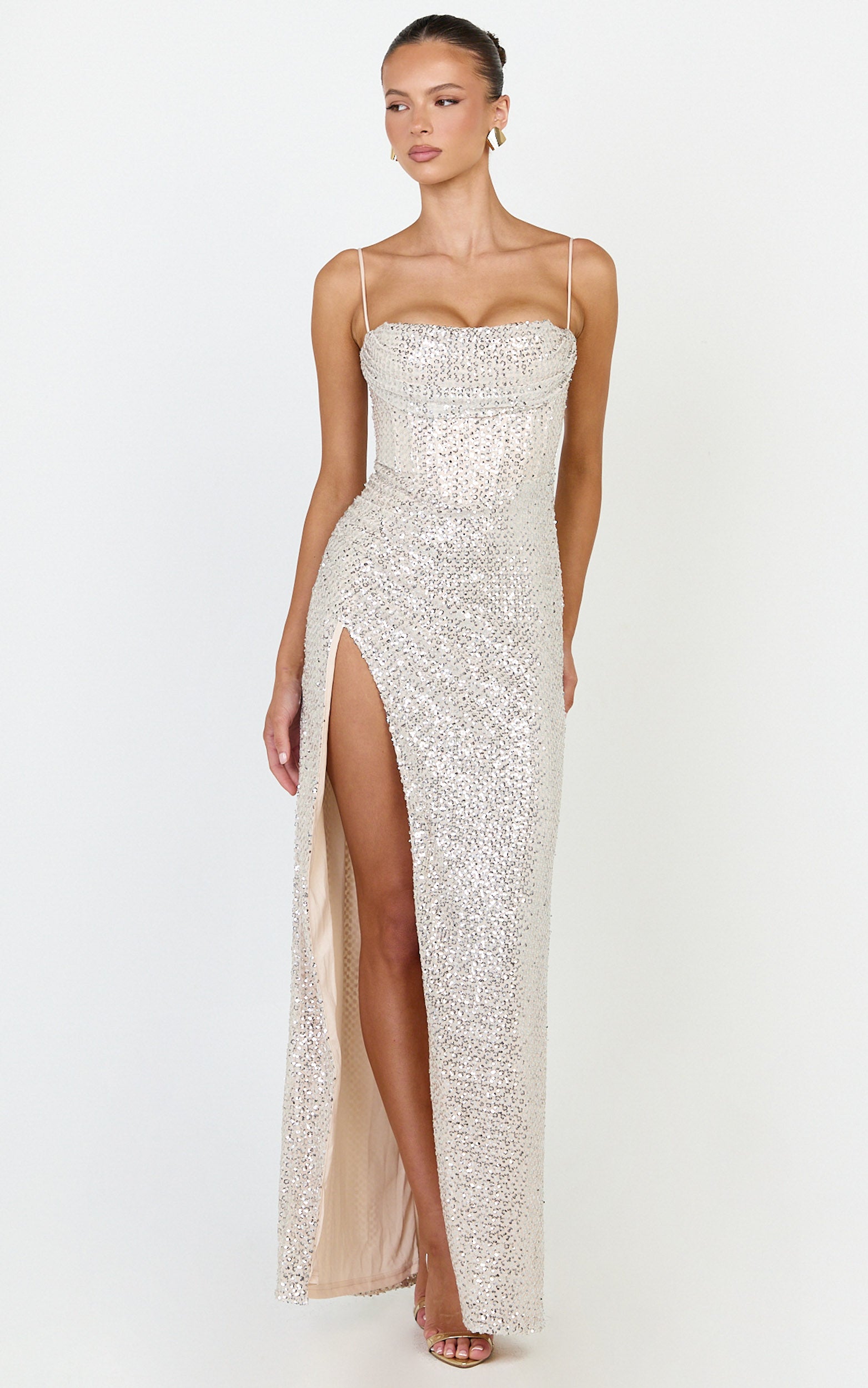 Cora Maxi Dress - Corset Bodice Draped Skirt Sequin Dress in Nude