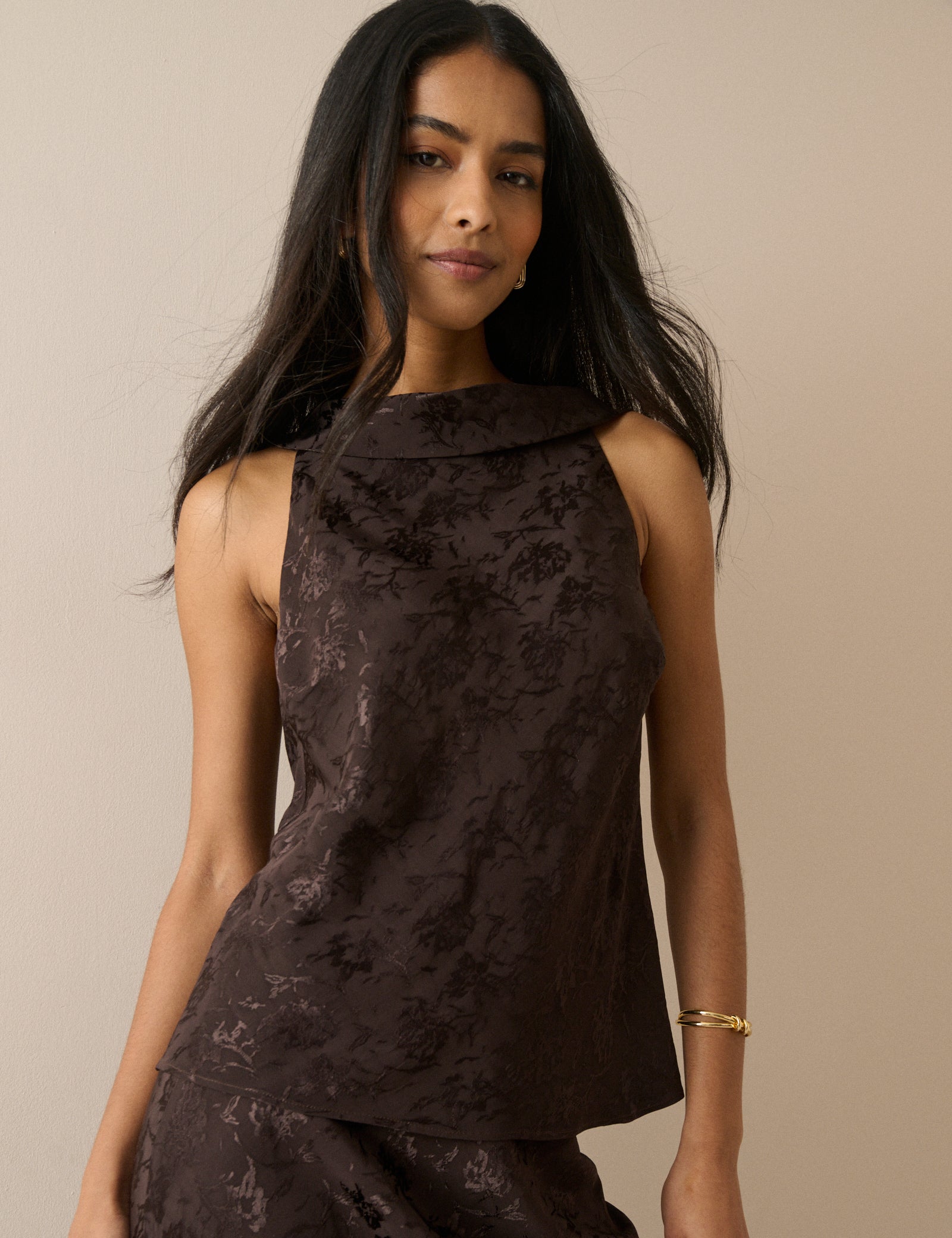 Chocolate Brown Jacquard Floral Satin Leila Top