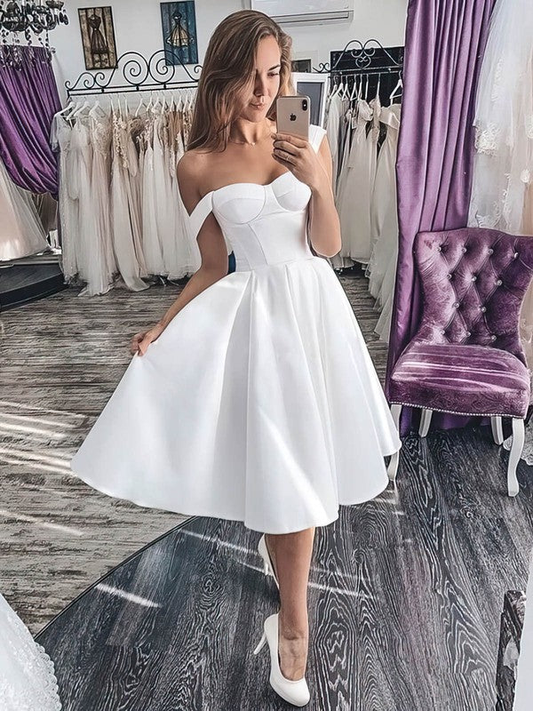 Sexy Sweetheart A-Line Off-The-Shoulder Satin Tea-Length Wedding Dresses